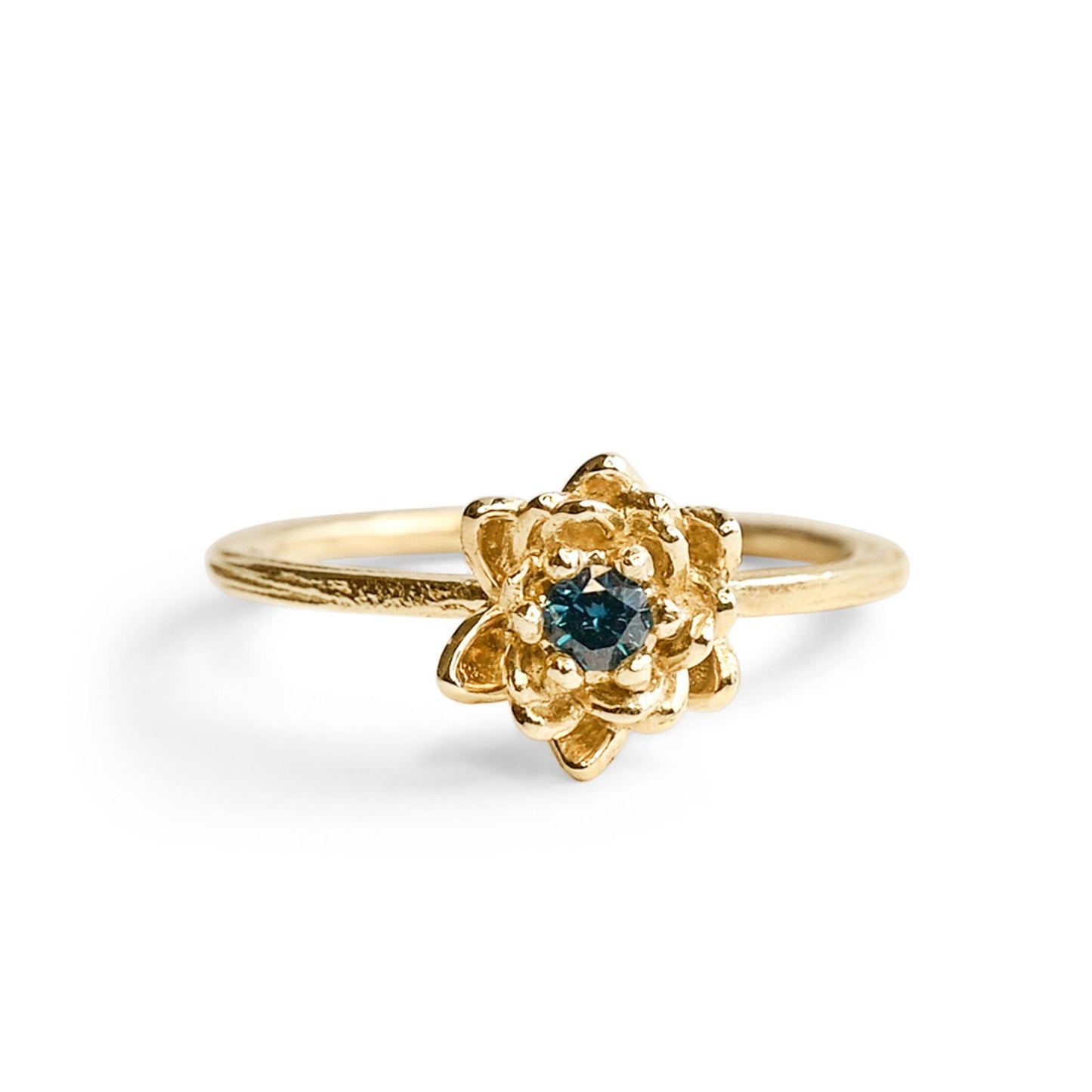 9K Gold Lotus Flower Ring with Blue Diamond – Water Lily Design, 1.6g