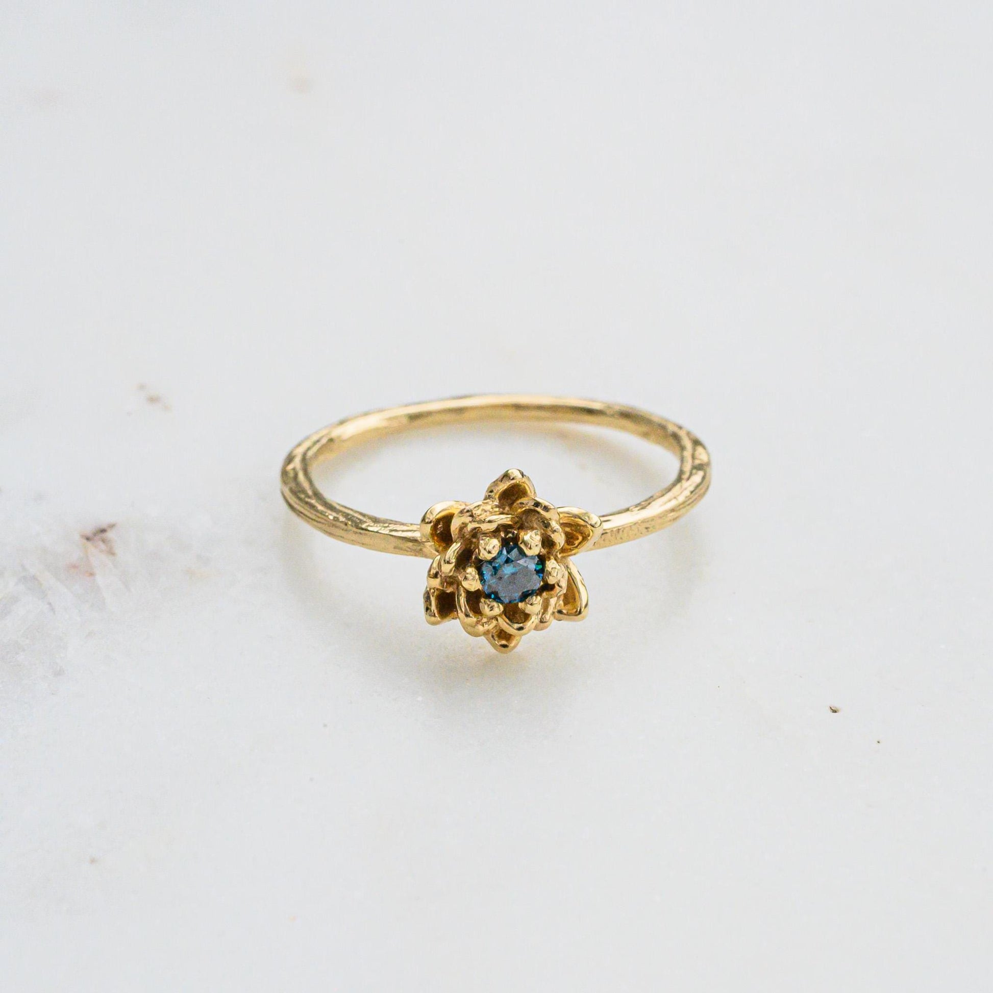 9K Gold Lotus Flower Ring with Blue Diamond – Water Lily Design, 1.6g