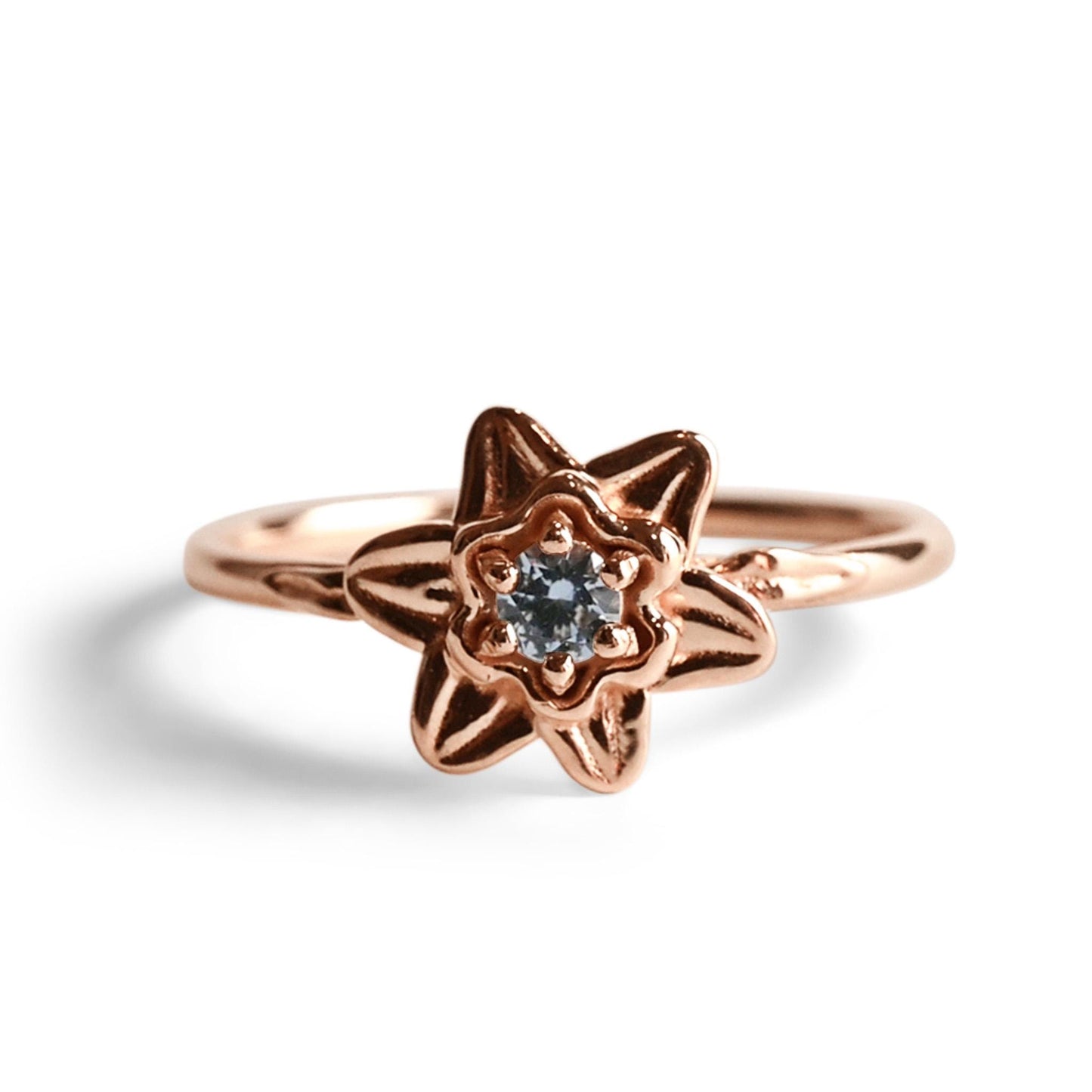 14k Gold Daffodil Flower Ring with 3mm AA Aquamarine – March Birthstone Jewelry