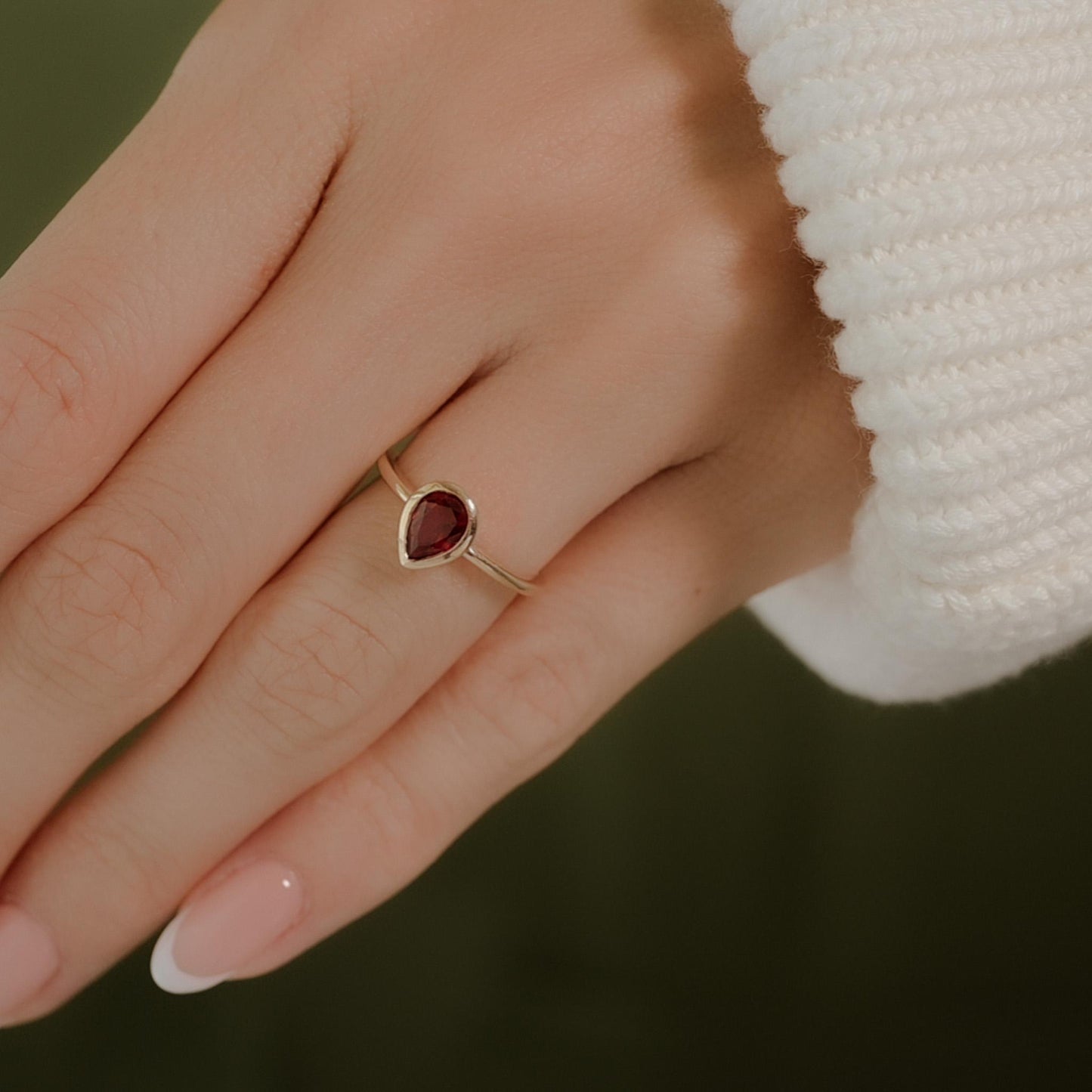 Bezel Set Pear Shaped Ruby Ring – Modern Classic-SIZE 5, 10k Yellow Gold