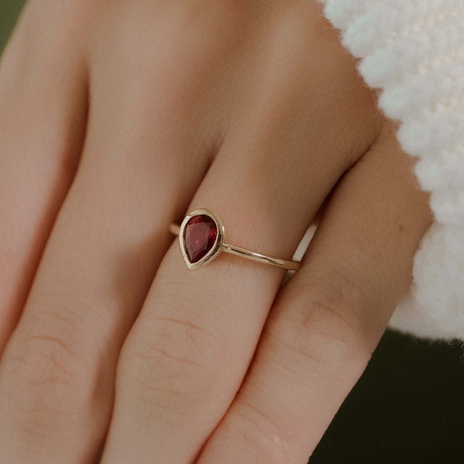 Bezel Set Pear Shaped Ruby Ring – Modern Classic-SIZE 5, 10k Yellow Gold