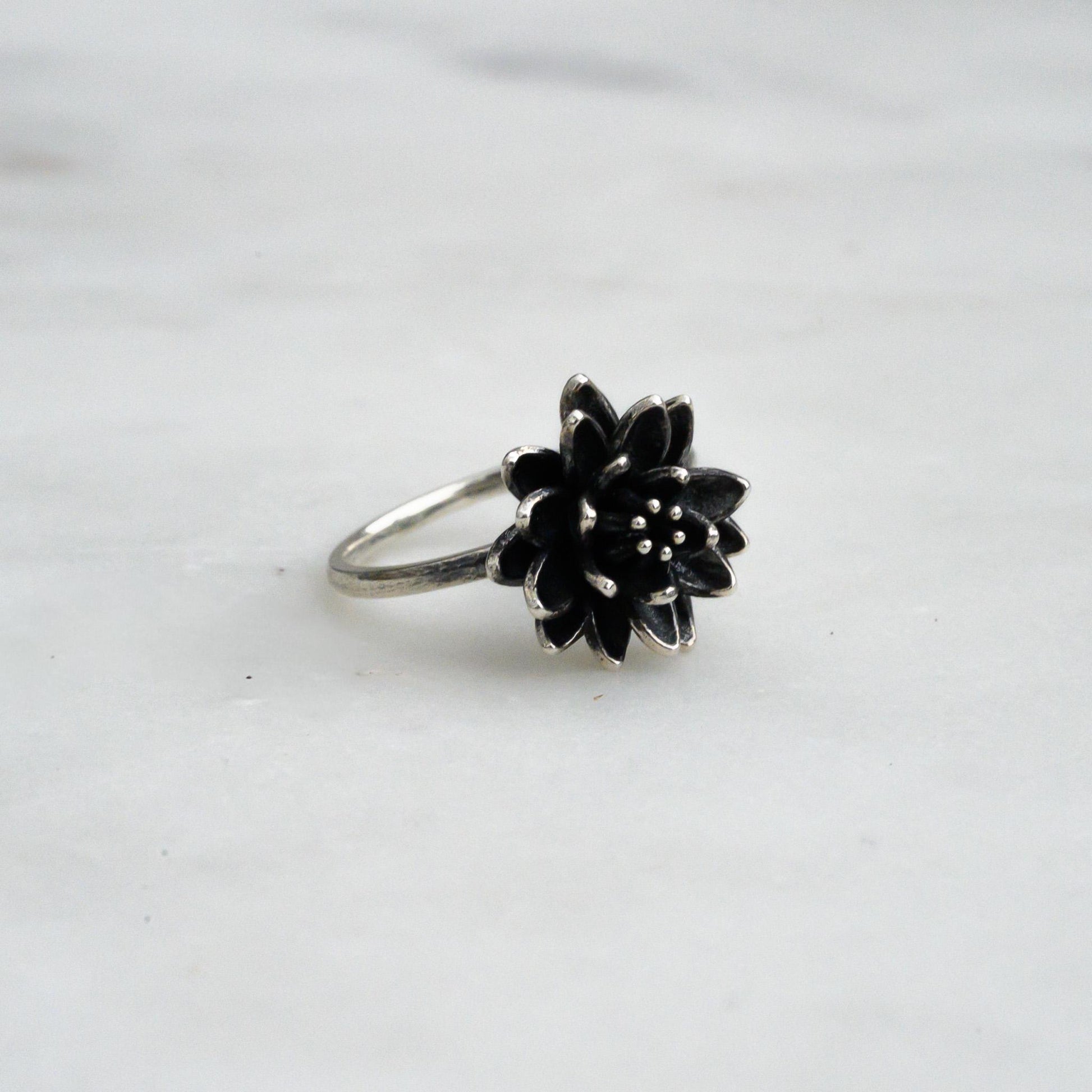 Antiqued Silver Lotus Ring, Size 6 – 14mm Water Lily Flower Jewelry