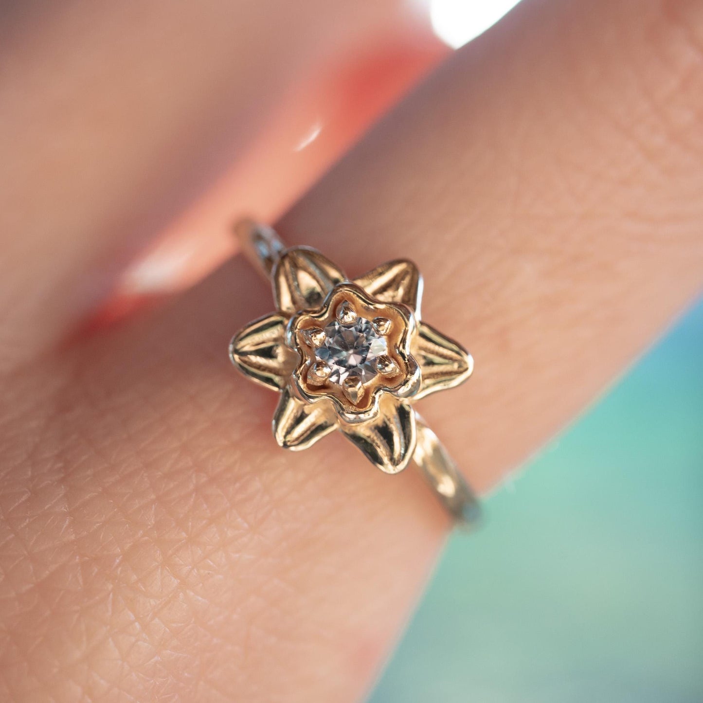 14k Gold Daffodil Flower Ring with 3mm AA Aquamarine – March Birthstone Jewelry
