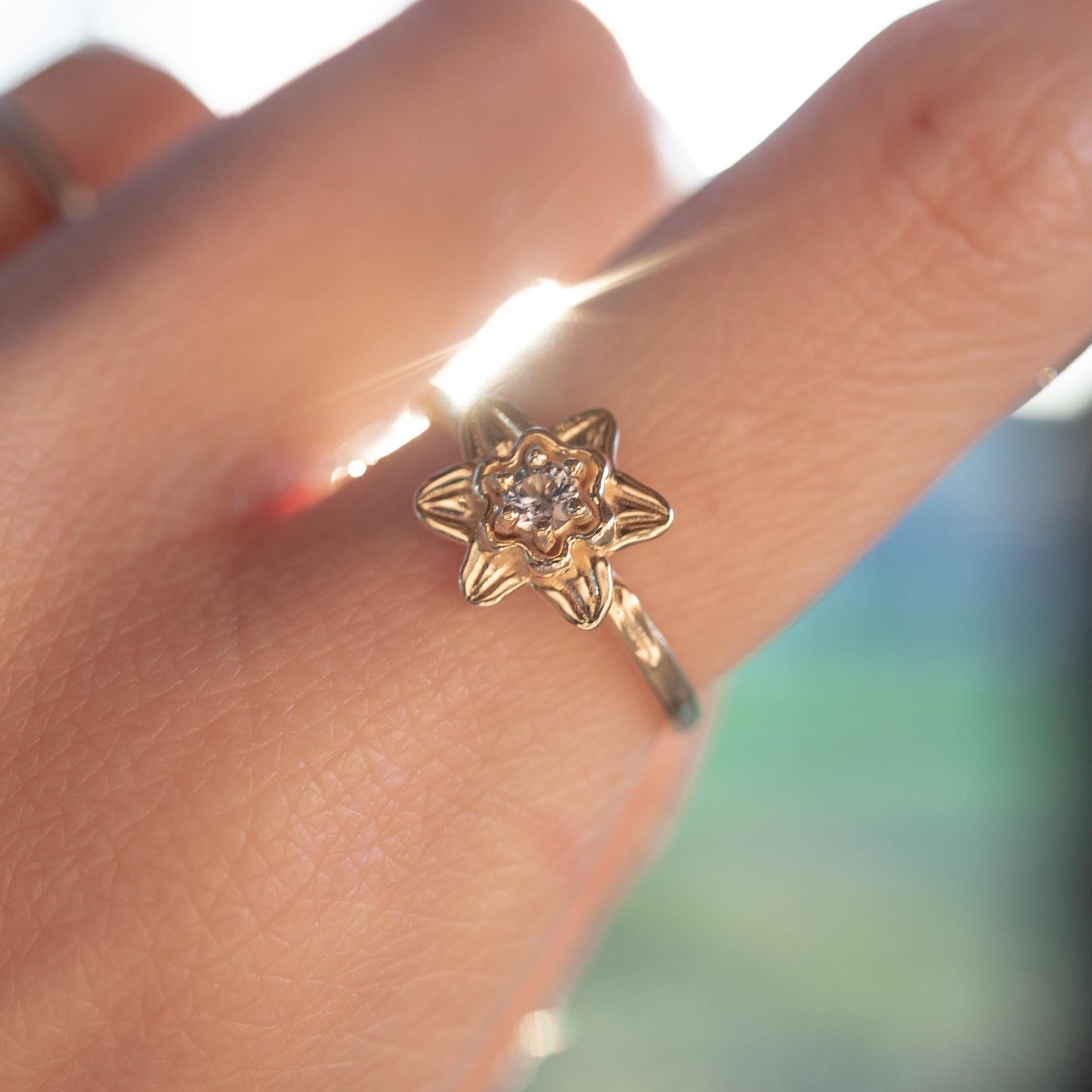 14k Gold Daffodil Flower Ring with 3mm AA Aquamarine – March Birthstone Jewelry