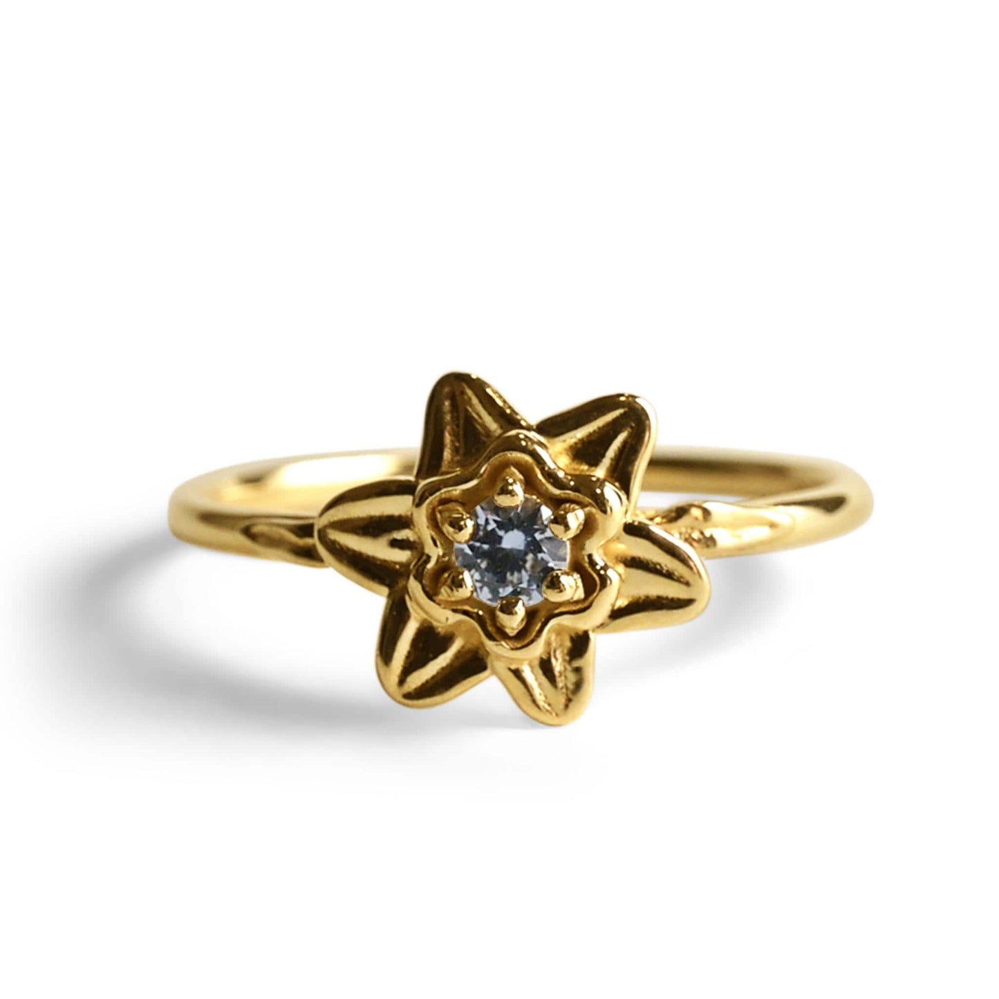 14k Gold Daffodil Flower Ring with 3mm AA Aquamarine – March Birthstone Jewelry