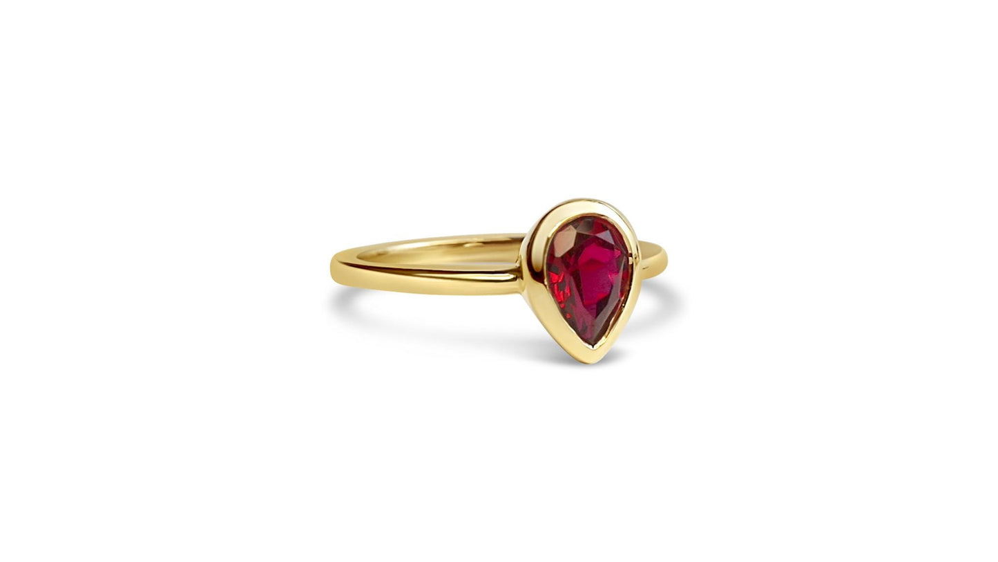 Bezel Set Pear Shaped Ruby Ring – Modern Classic-SIZE 5, 10k Yellow Gold