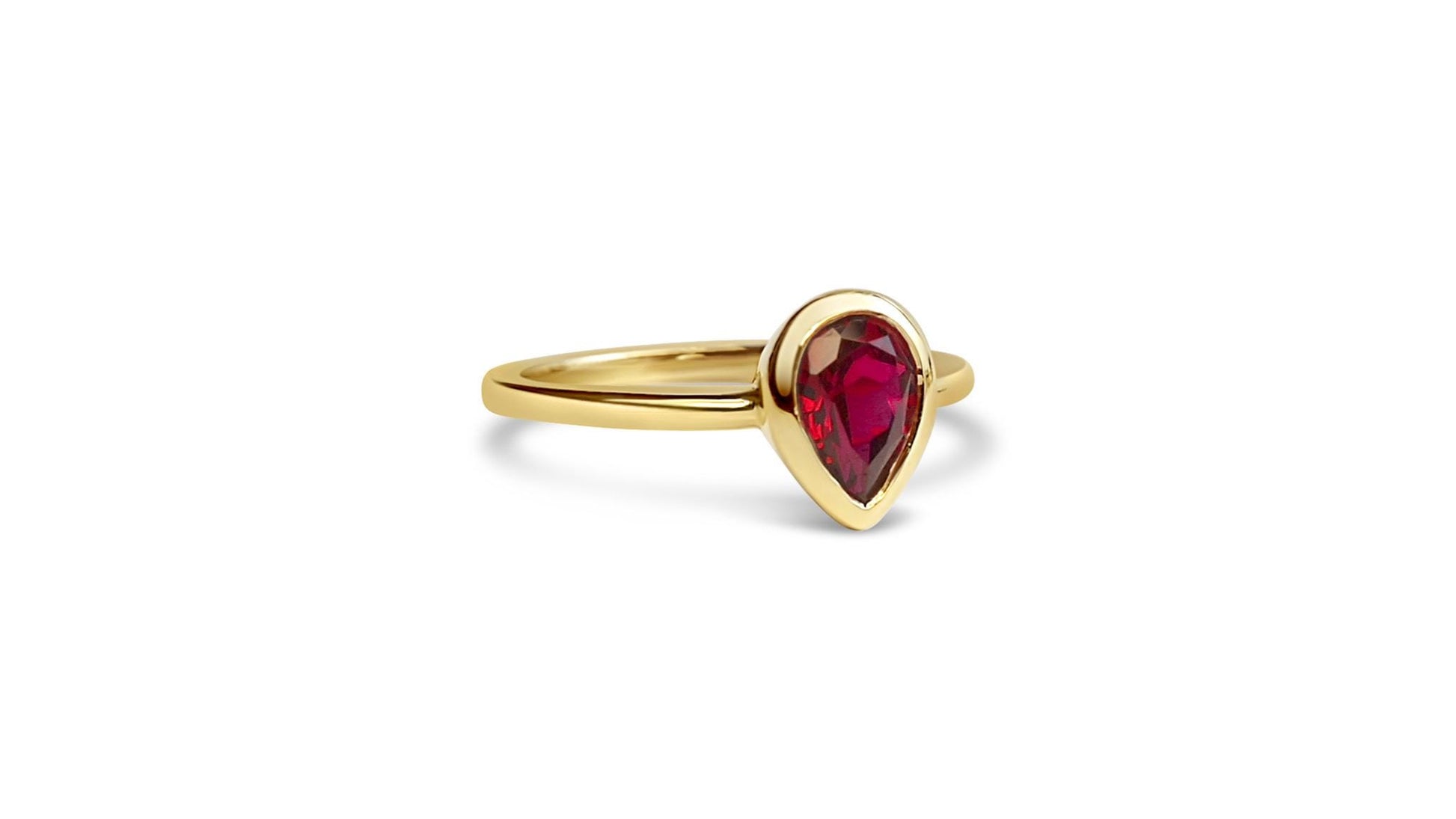 Bezel Set Pear Shaped Ruby Ring – Modern Classic-SIZE 5, 10k Yellow Gold