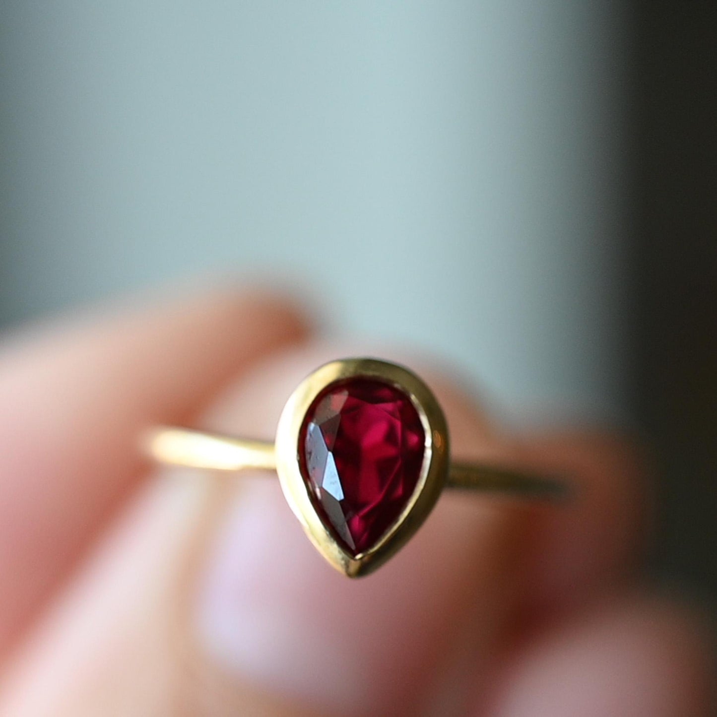 Bezel Set Pear Shaped Ruby Ring – Modern Classic-SIZE 5, 10k Yellow Gold