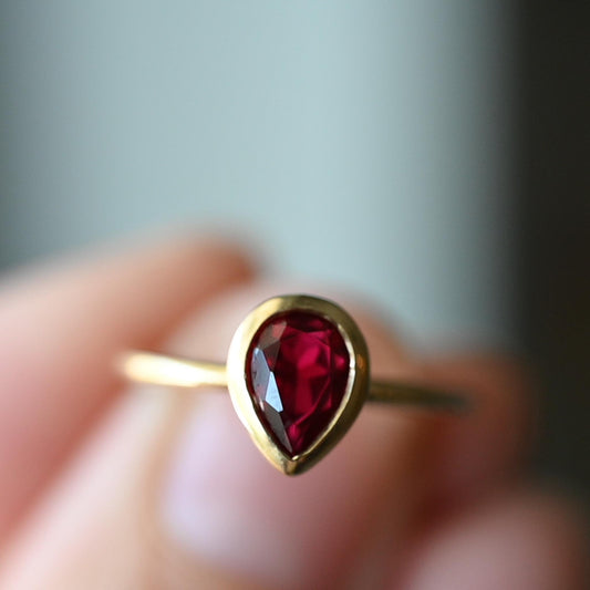 Bezel Set Pear Shaped Ruby Ring – Modern Classic-SIZE 5, 10k Yellow Gold