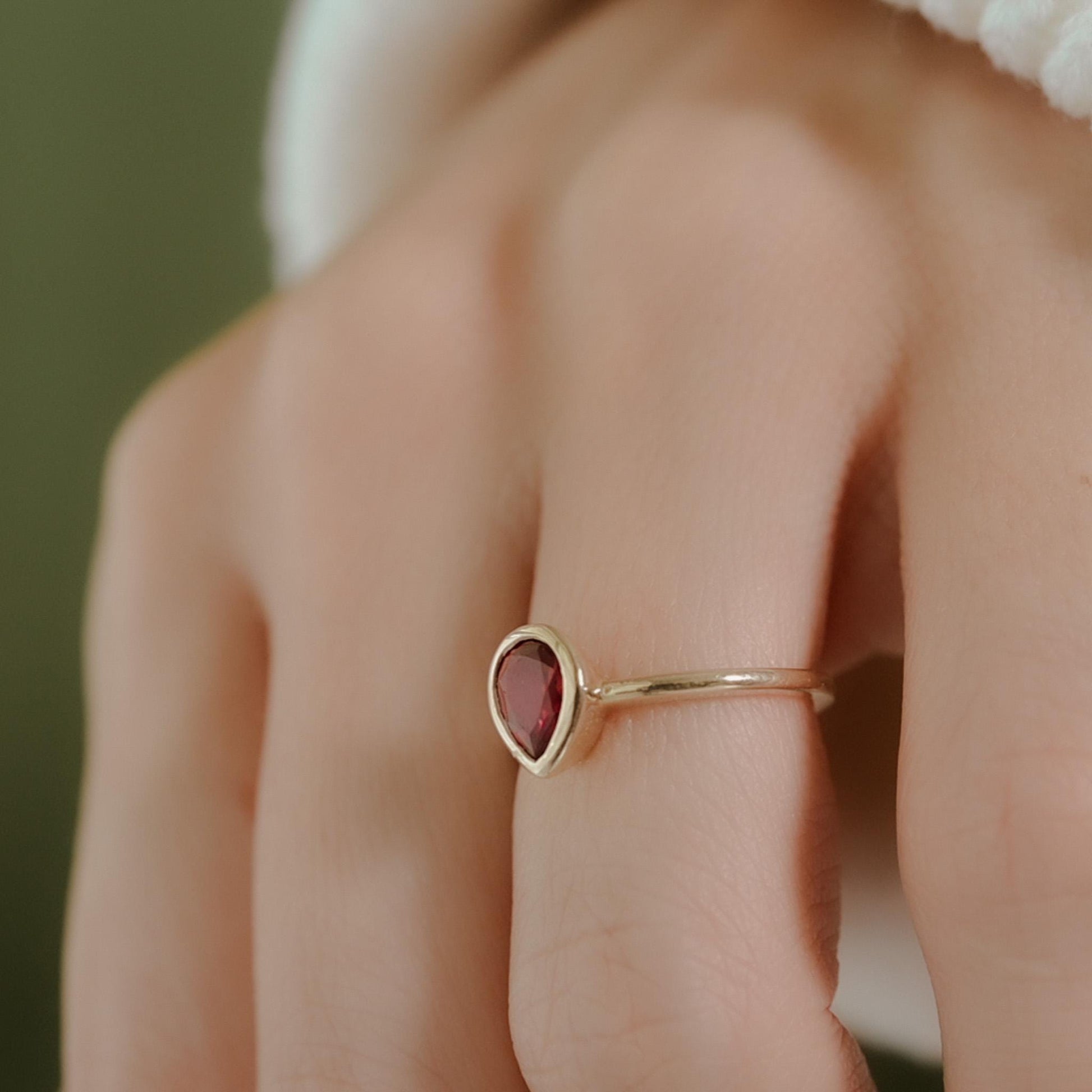 Bezel Set Pear Shaped Ruby Ring – Modern Classic-SIZE 5, 10k Yellow Gold