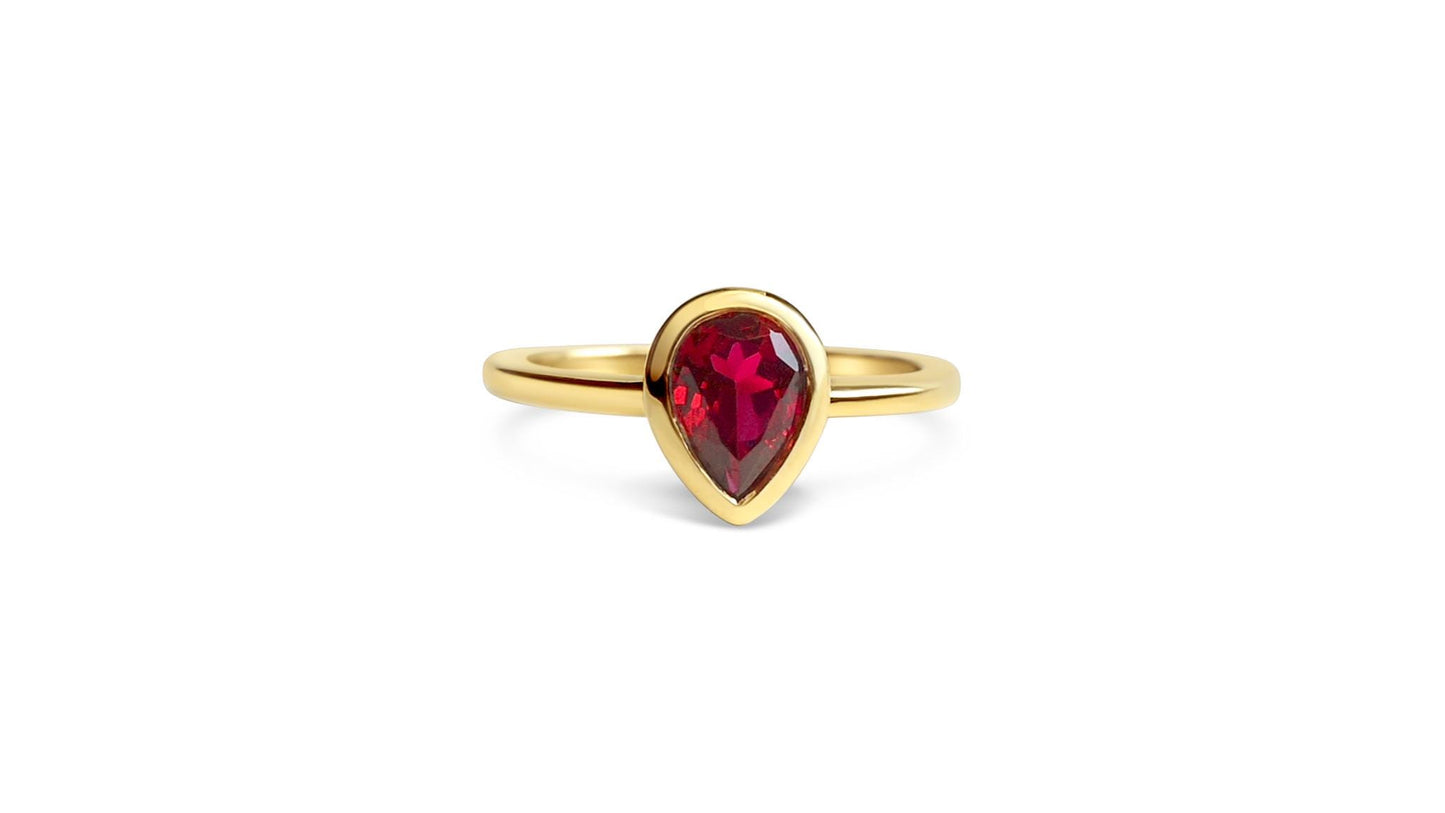 Bezel Set Pear Shaped Ruby Ring – Modern Classic-SIZE 5, 10k Yellow Gold