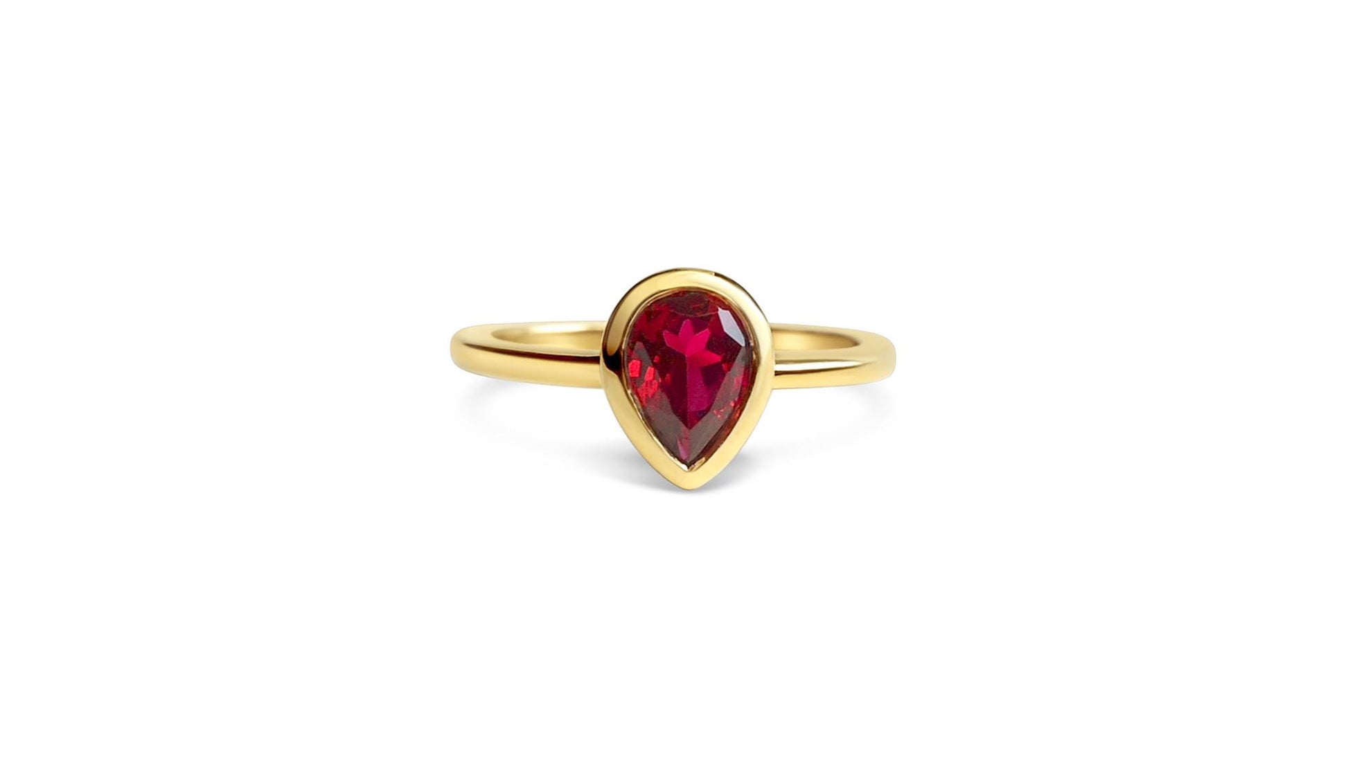 Bezel Set Pear Shaped Ruby Ring – Modern Classic-SIZE 5, 10k Yellow Gold