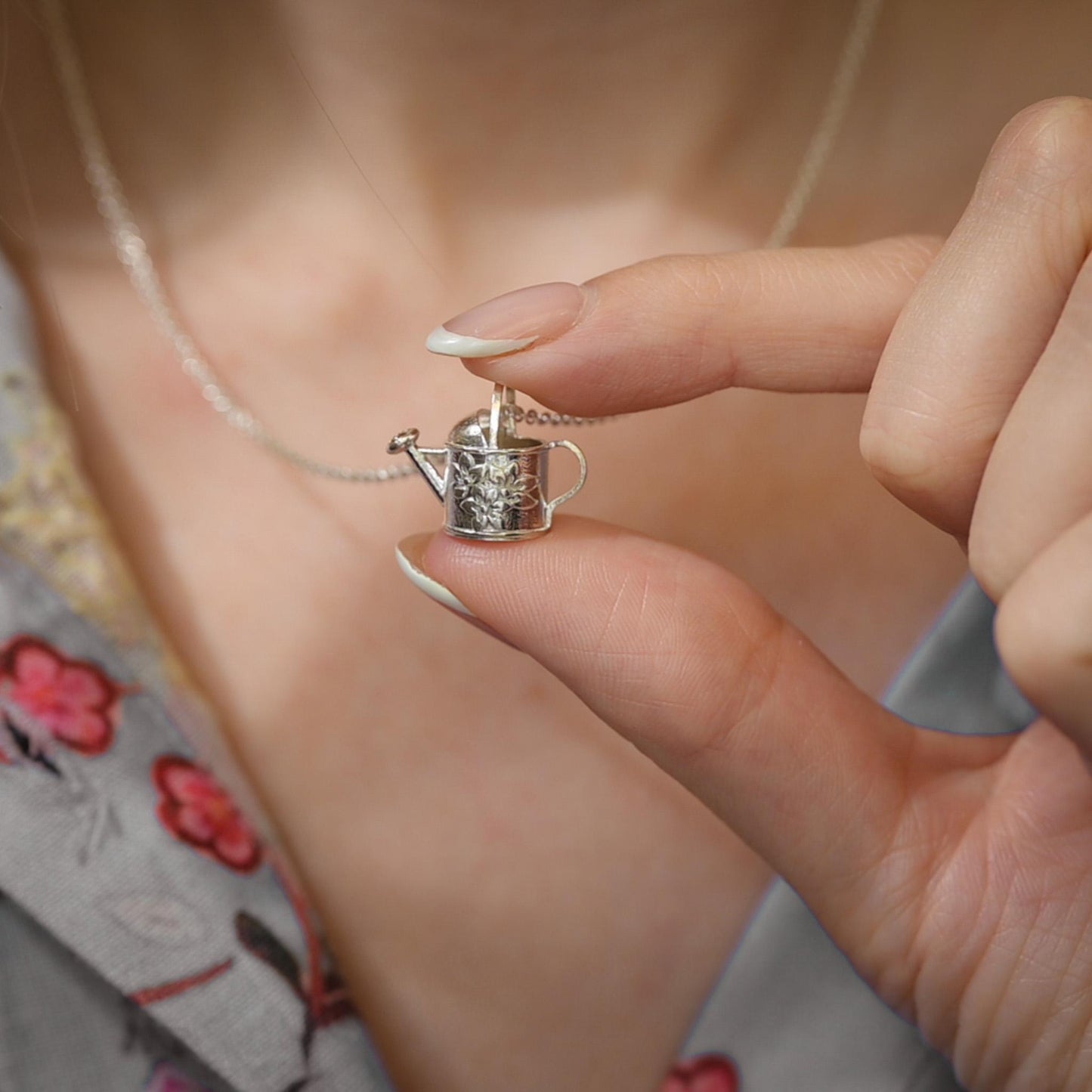 Watering Can, with flowers, old-fashioned vintage inspired gardener's necklace in solid silver