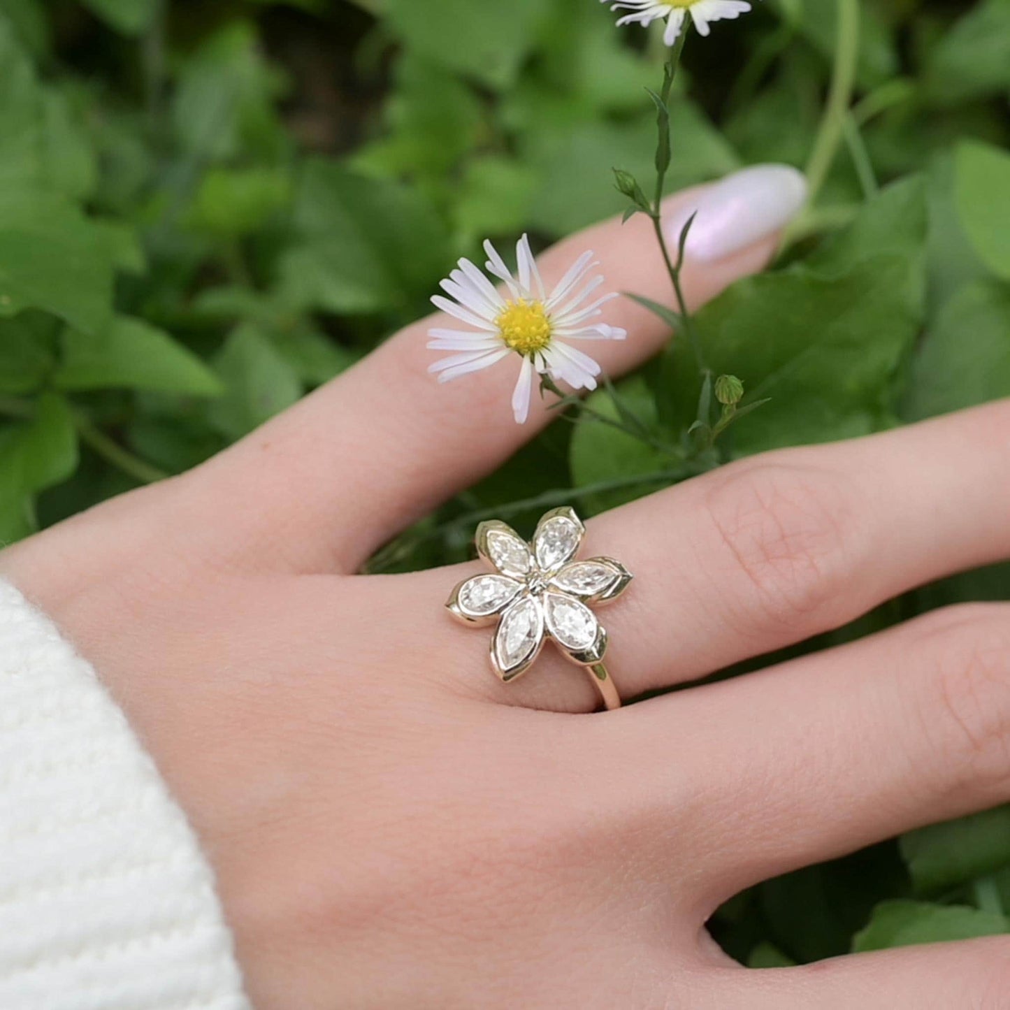 Diamond Daisy Flower Engagement Ring, 6 marquises and pear-shaped petals with solid gold or silver