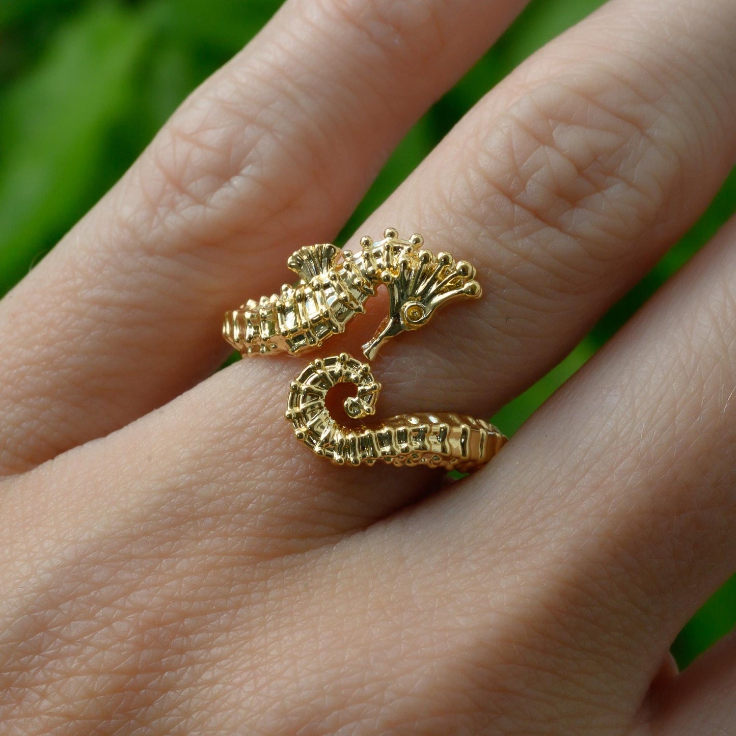 3D Seahorse Ring in 14k Extra-thick gold Plate or Solid Silver, Adjustable Realistic