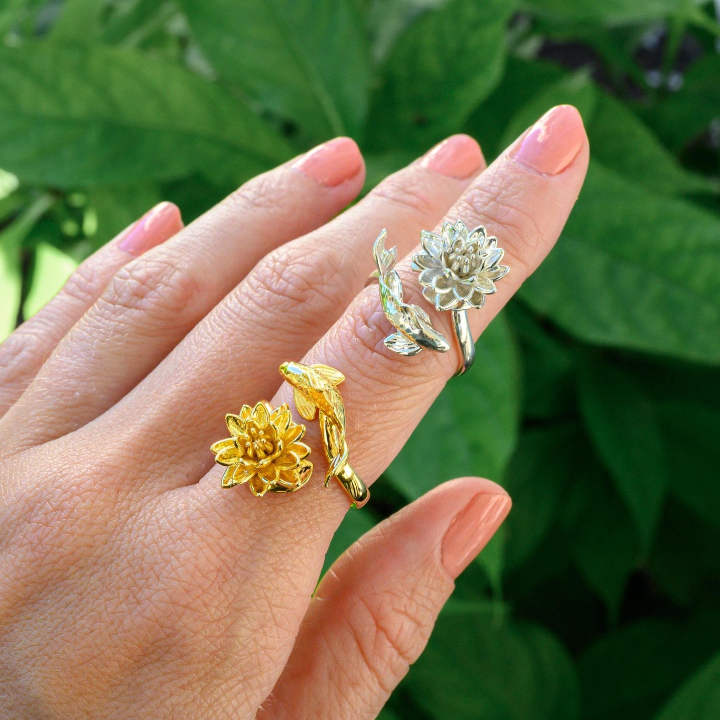 Waterlily Koi Adjustable Ring: Sterling Silver or Gold Plate Lotus Flower