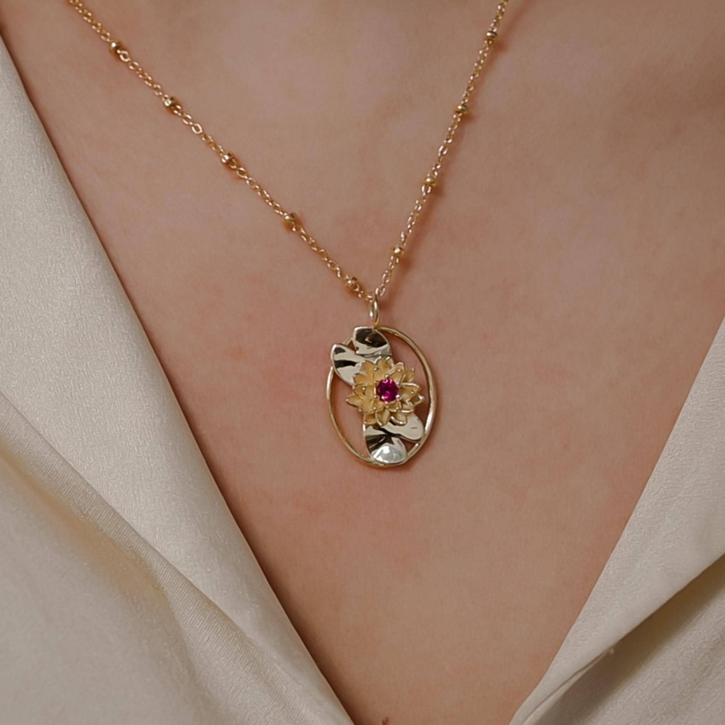Water Lily - Personalized Jewelry - July Birth Month Flower Gift, 14K Gold Plate with a Beaded Gold Filled chain