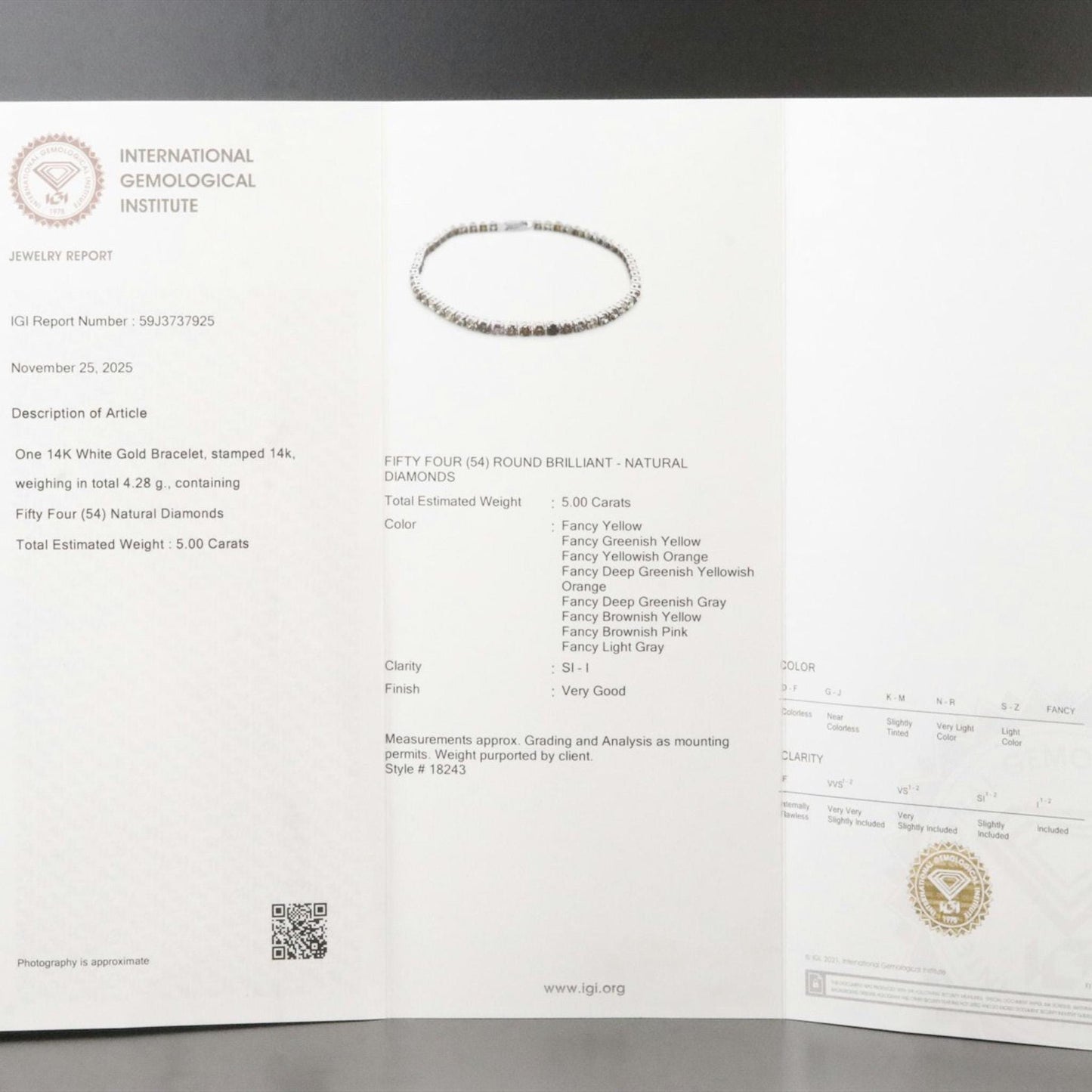 14K White Gold Natural Fancy Color Diamond Tennis Bracelet 5CTW (IGI Report)