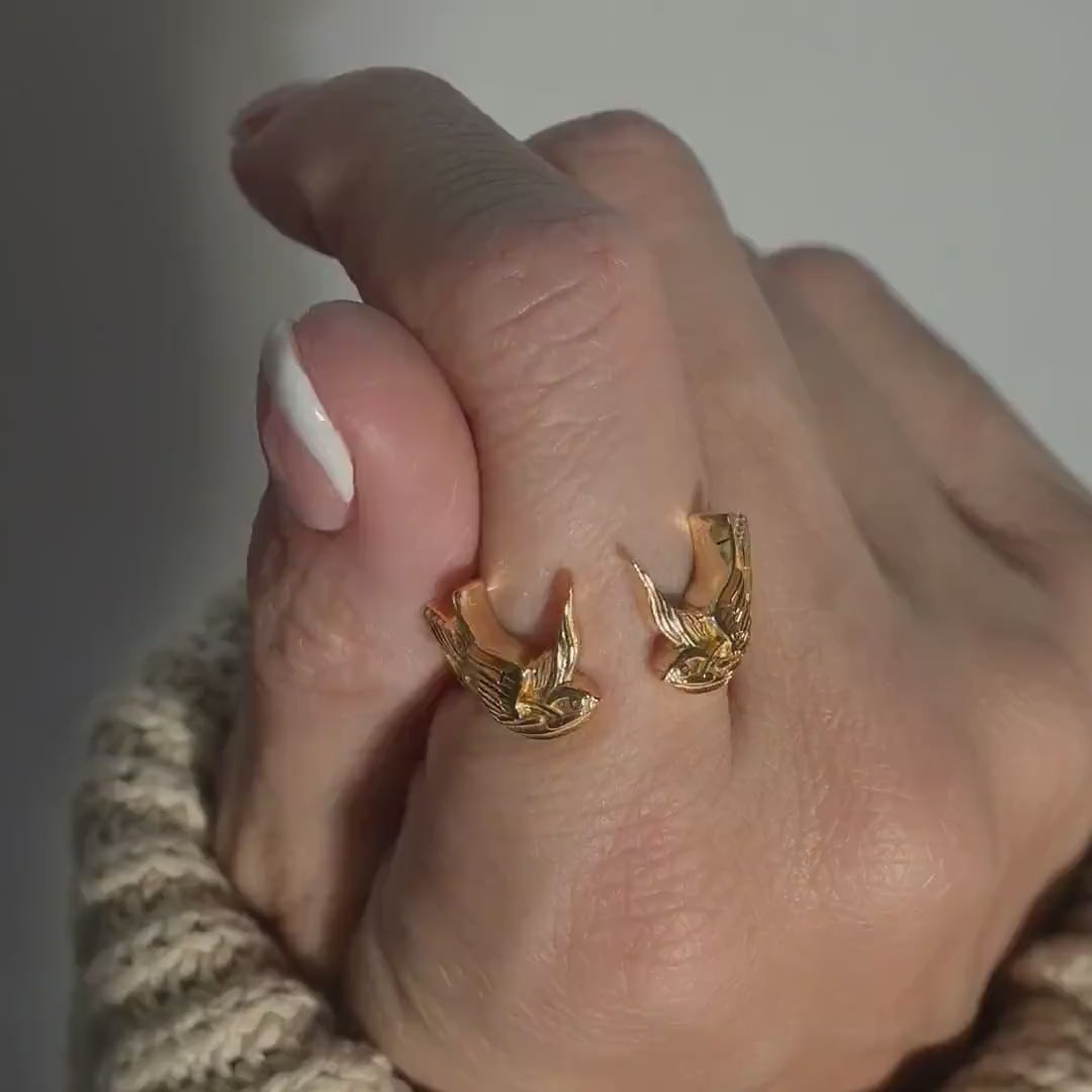 Swallow Ring  Adjustable Solid Silver or 18k Gold Plate, inspired by old Sailor Tattoos, Thumb Ring