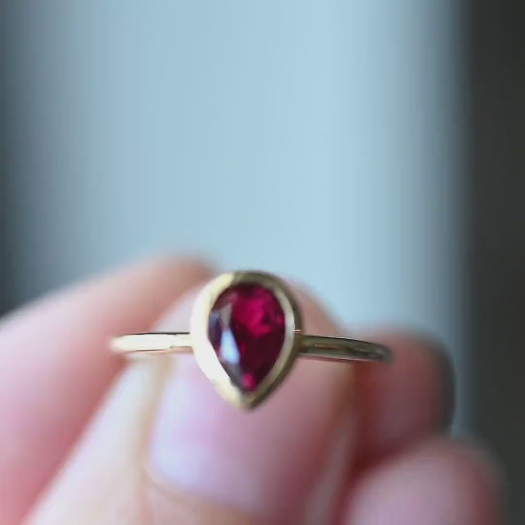 Bezel Set Pear Shaped Ruby Ring – Modern Classic-SIZE 5, 10k Yellow Gold