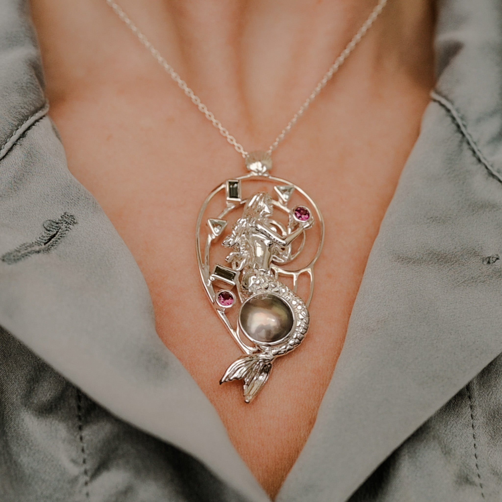 RESERVADO Collar de sirena de plata, perla, turmalina y citrino