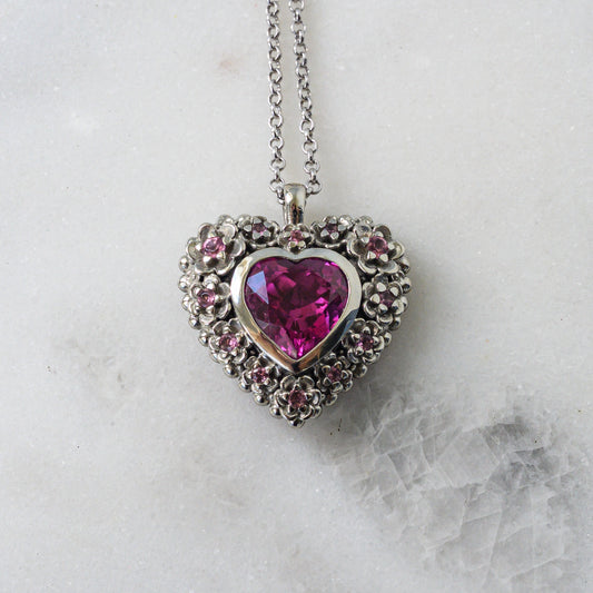 RESERVED 10K White Gold Pink Sapphire and Tourmaline Heart Pendant
