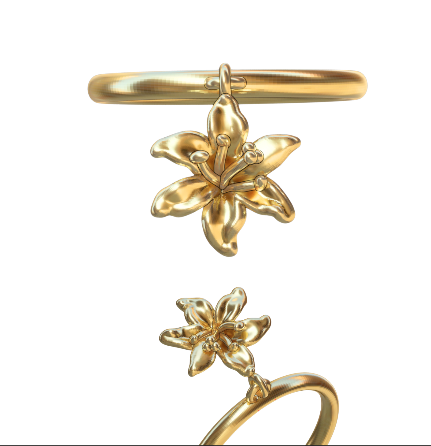 RESERVADO Anillo con dije de lirio personalizado, talla 5.5, oro amarillo de 14 quilates