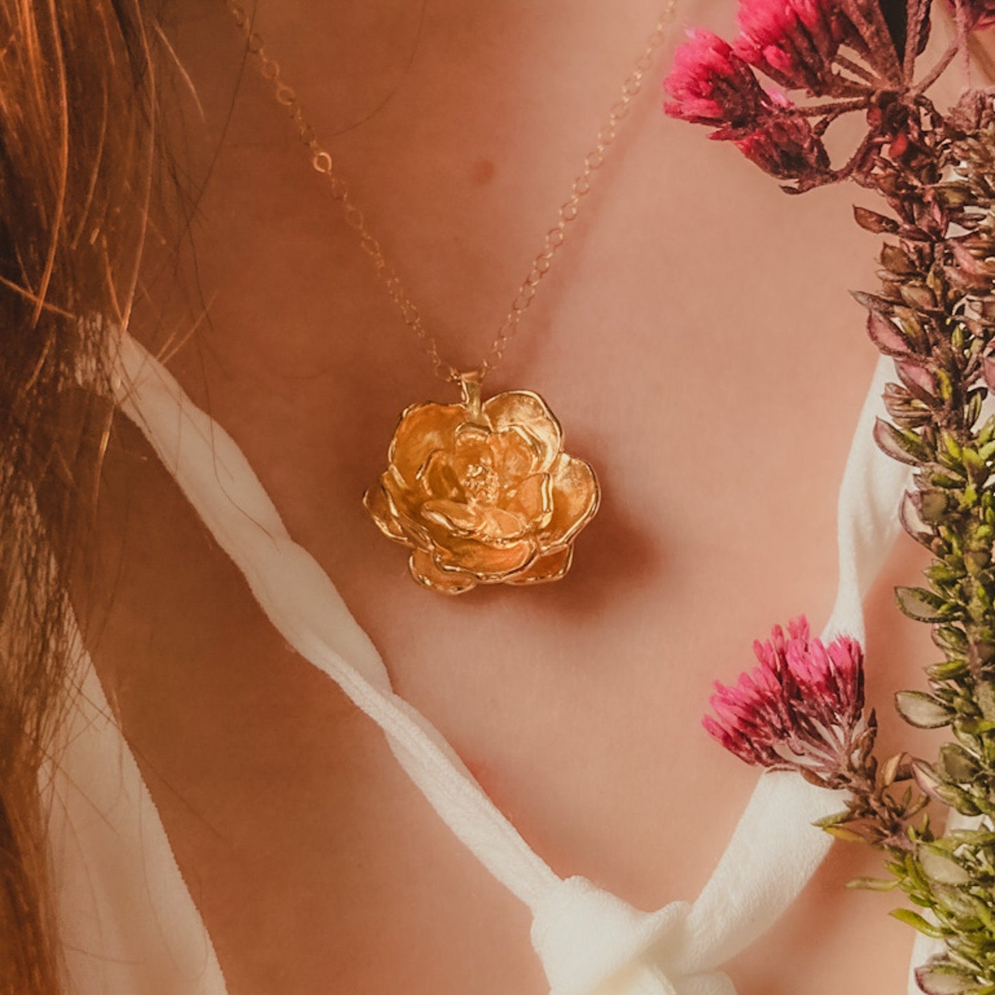 3D Magnolia Flower Pendant Necklace: Solid Gold, Gold Plate, Silver, or Vermeil