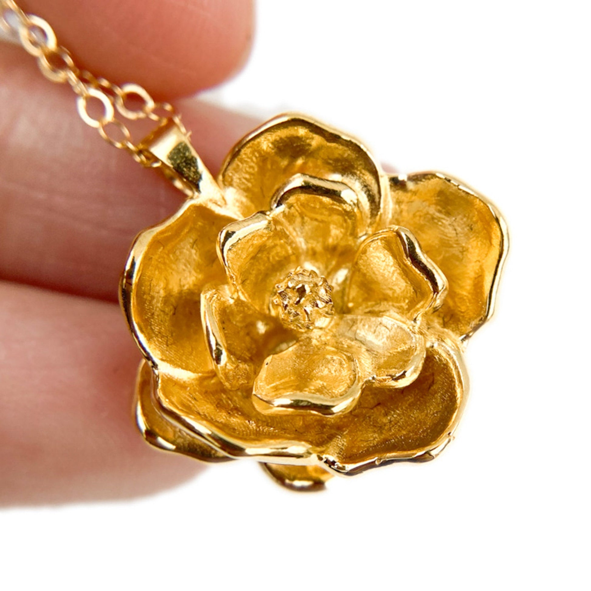 3D Magnolia Flower Pendant Necklace: Solid Gold, Gold Plate, Silver, or Vermeil