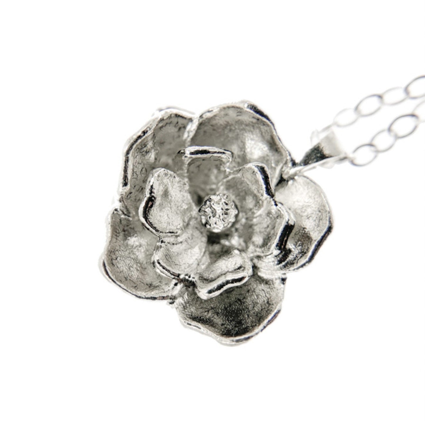 3D Magnolia Flower Pendant Necklace: Solid Gold, Gold Plate, Silver, or Vermeil