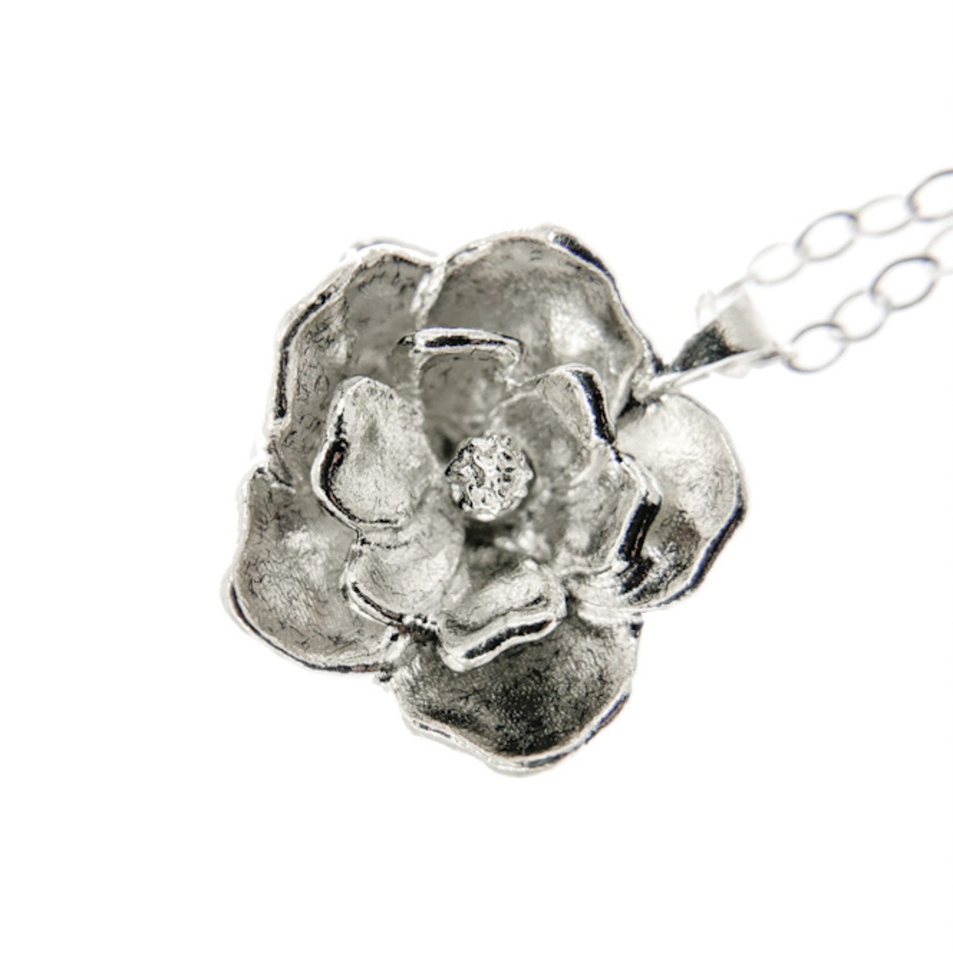 3D Magnolia Flower Pendant Necklace: Solid Gold, Gold Plate, Silver, or Vermeil