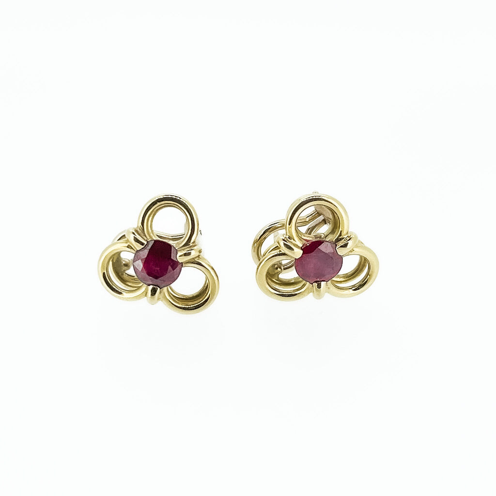 Vintage Natural Ruby Trefoil Earrings in 14K Gold