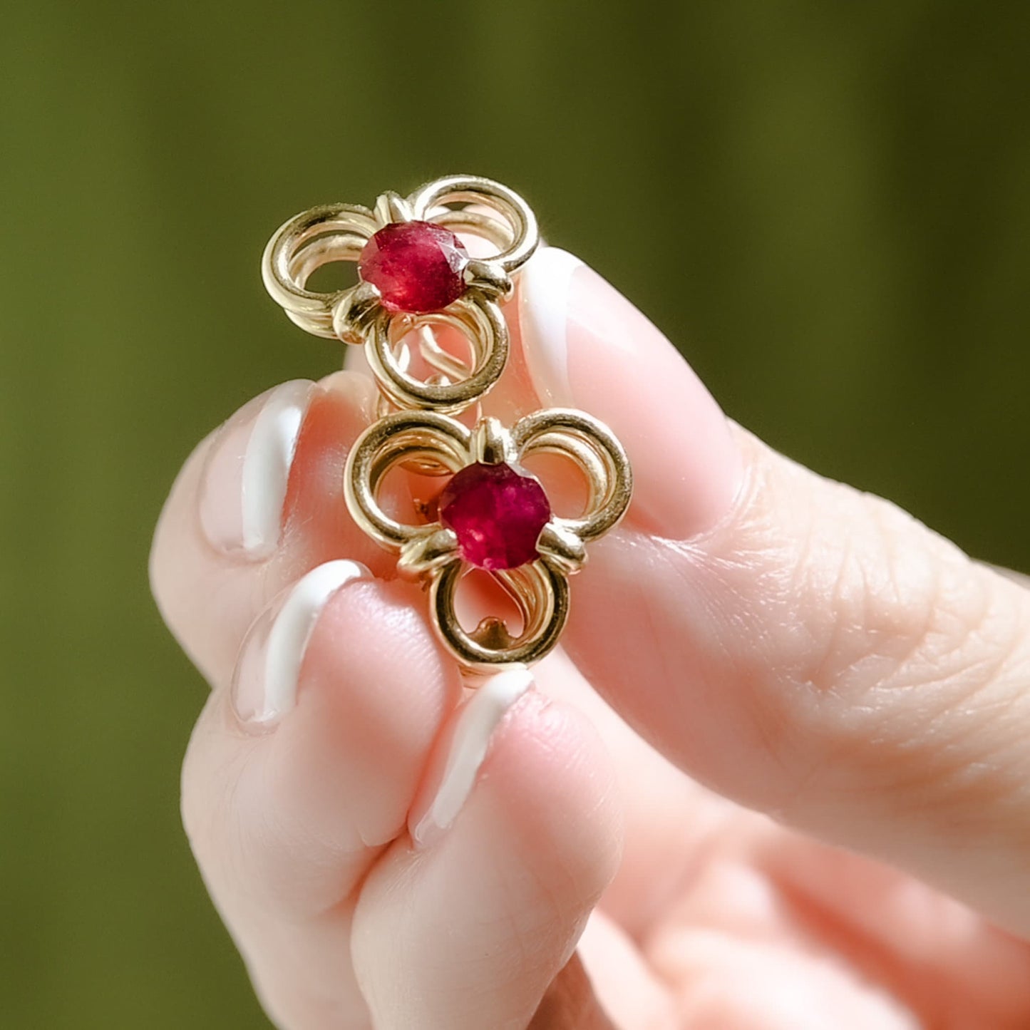 Estate Sale, Natural Ruby Trefoil Earrings in 14K Gold