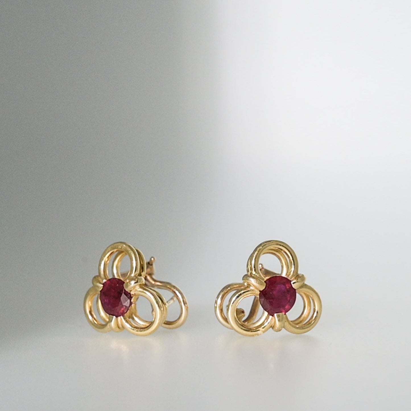 Estate Sale, Natural Ruby Trefoil Earrings in 14K Gold