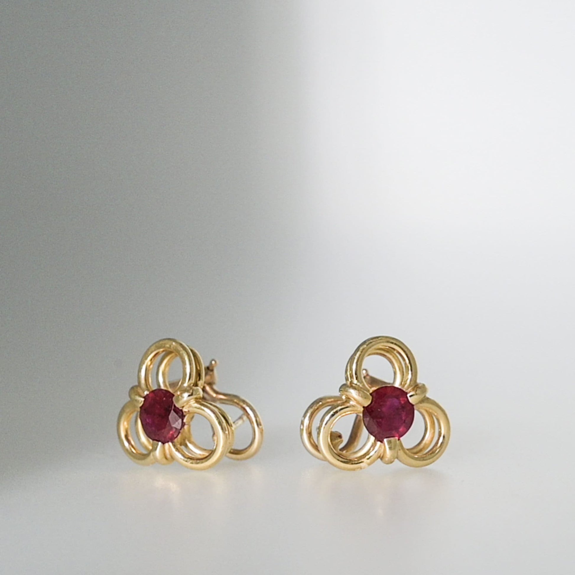 Estate Sale, Natural Ruby Trefoil Earrings in 14K Gold