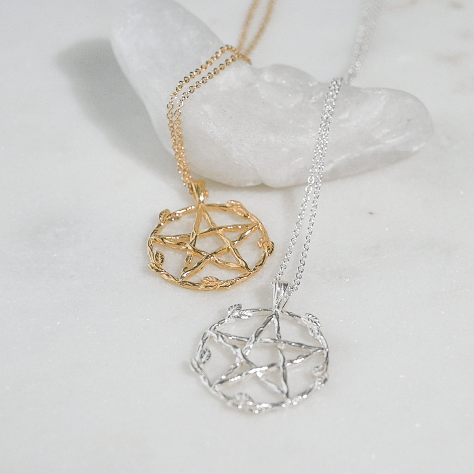 Floral Pentagram Pendant Necklace: Sterling Silver, Gold Vermeil, or Gold Plate