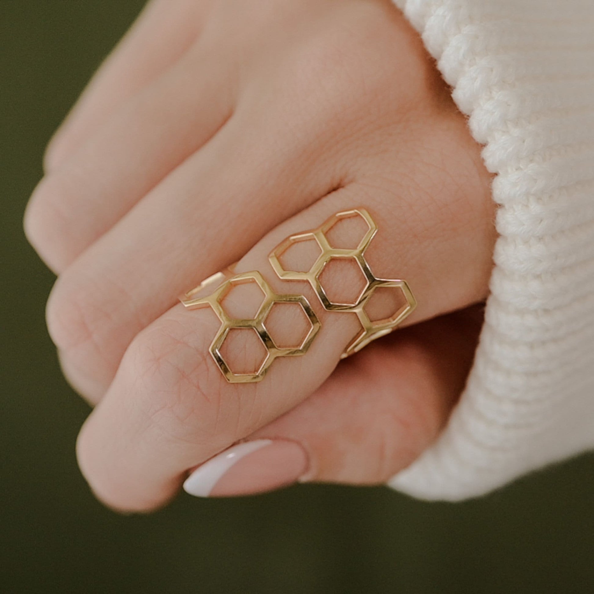 Hexagon Honey Comb Ring Adjustable Ring in Sterling Silver or 14K Gold Plate