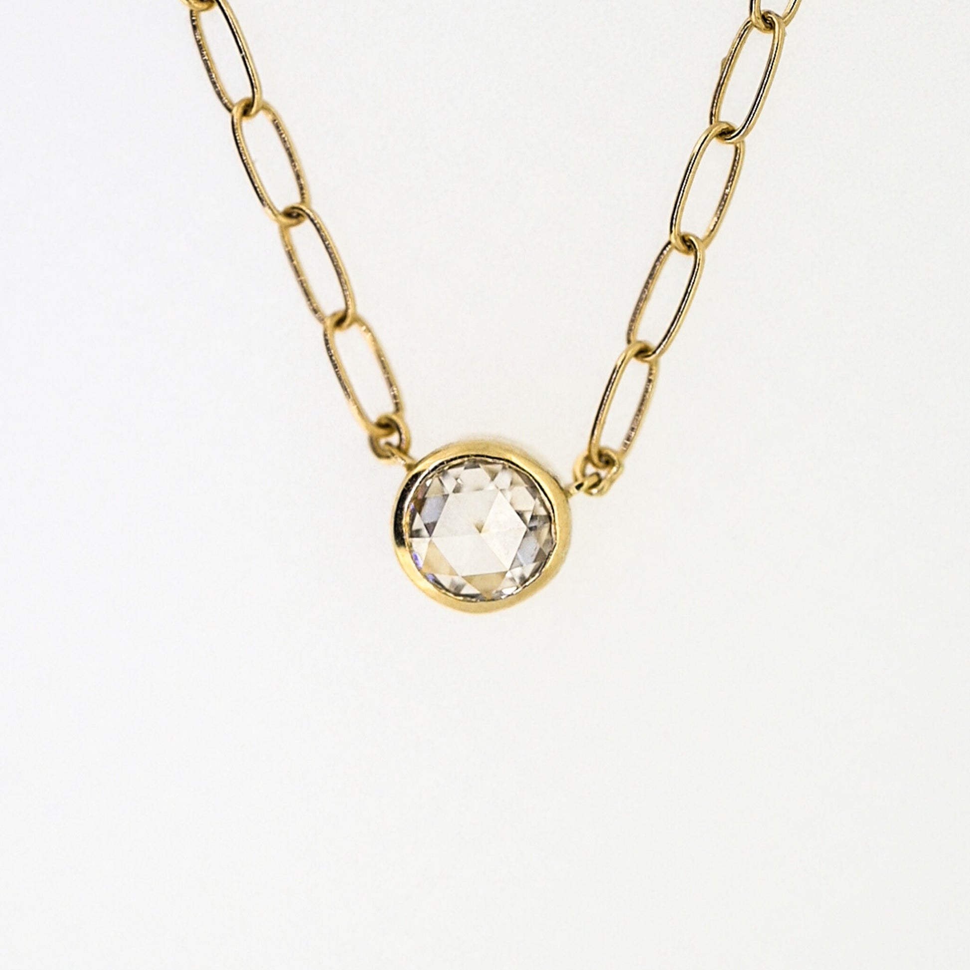Rose Cut Moissanite Solitaire Necklace: Bezel Setting, Paper Clip Chain, Choker Length