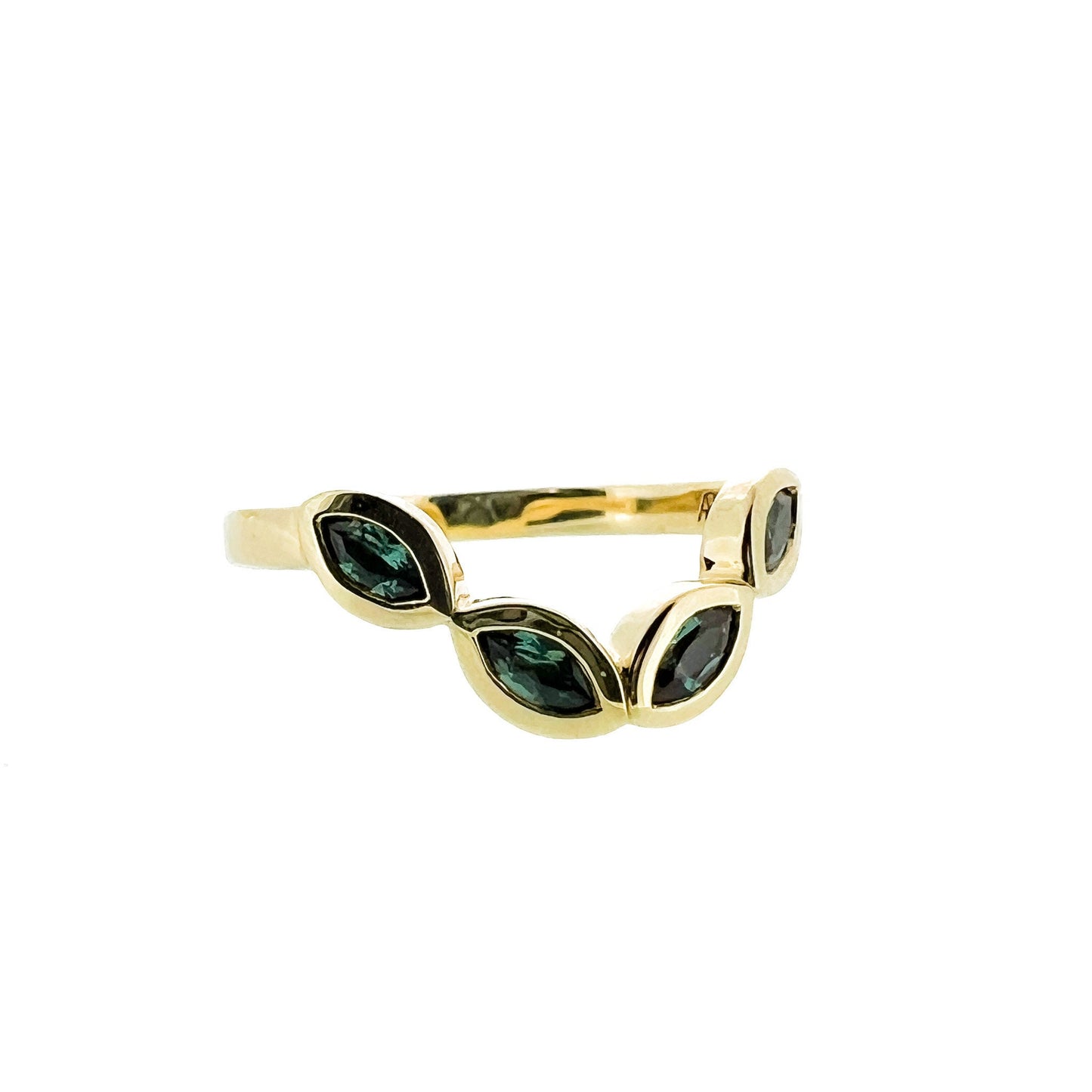 Tulip Engagement Ring and Wedding Band Set with Green Sapphire in 14K Solid Gold, Sample Sale -Size 4.75