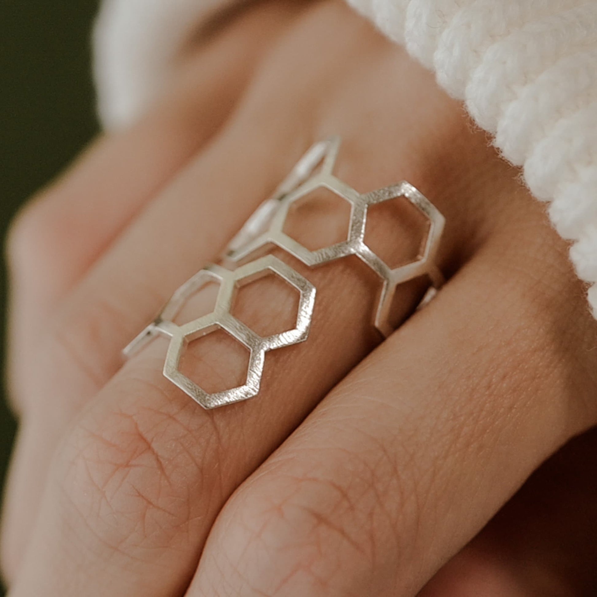 Hexagon Honey Comb Ring Adjustable Ring in Sterling Silver or 14K Gold Plate