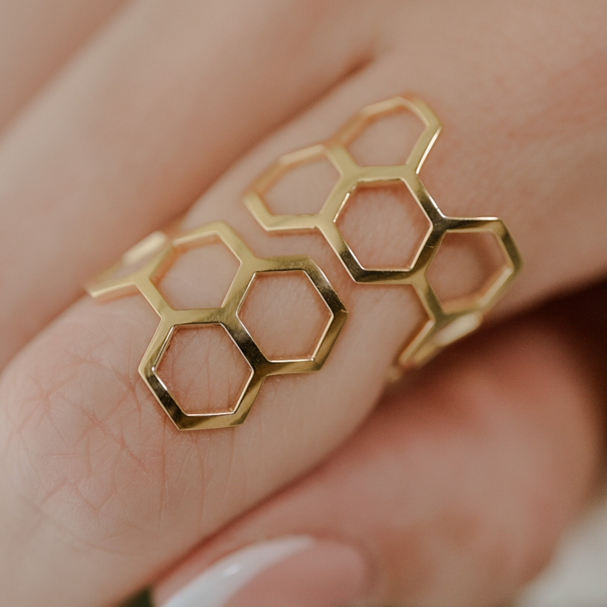 Hexagon Honey Comb Ring Adjustable Ring in Sterling Silver or 14K Gold Plate