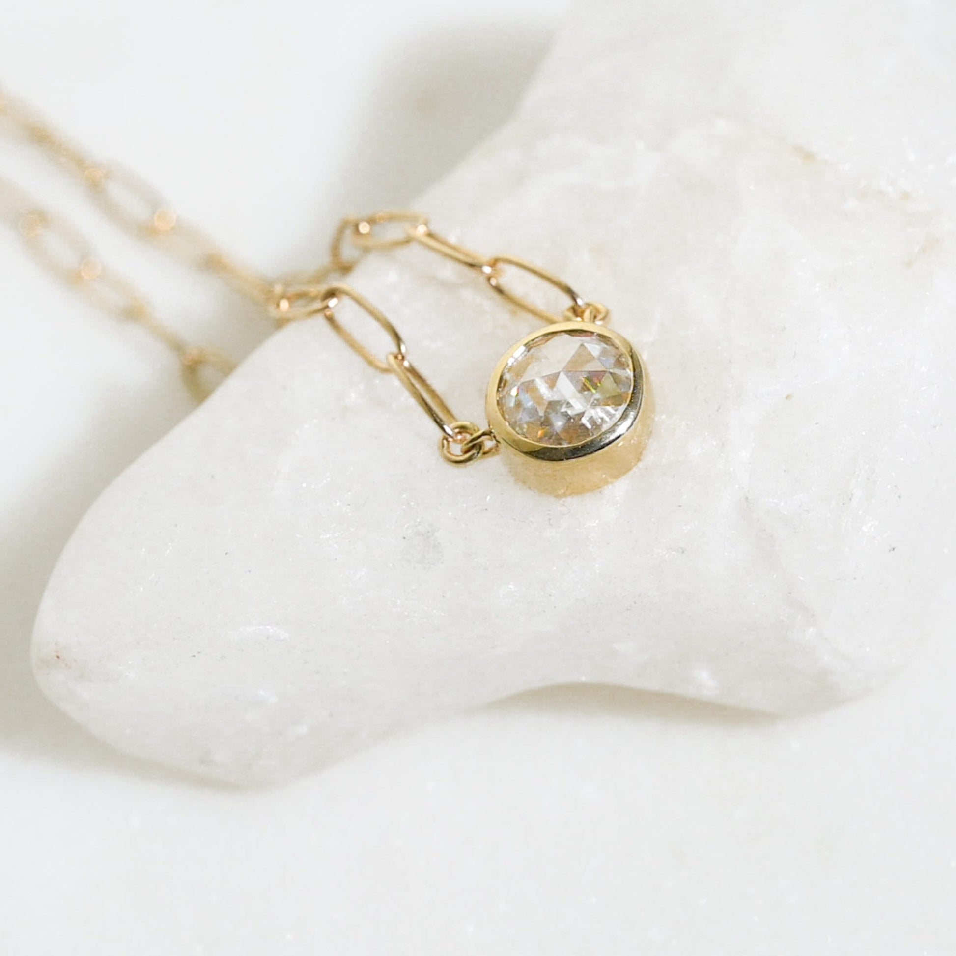 Rose Cut Moissanite Solitaire Necklace: Bezel Setting, Paper Clip Chain, Choker Length