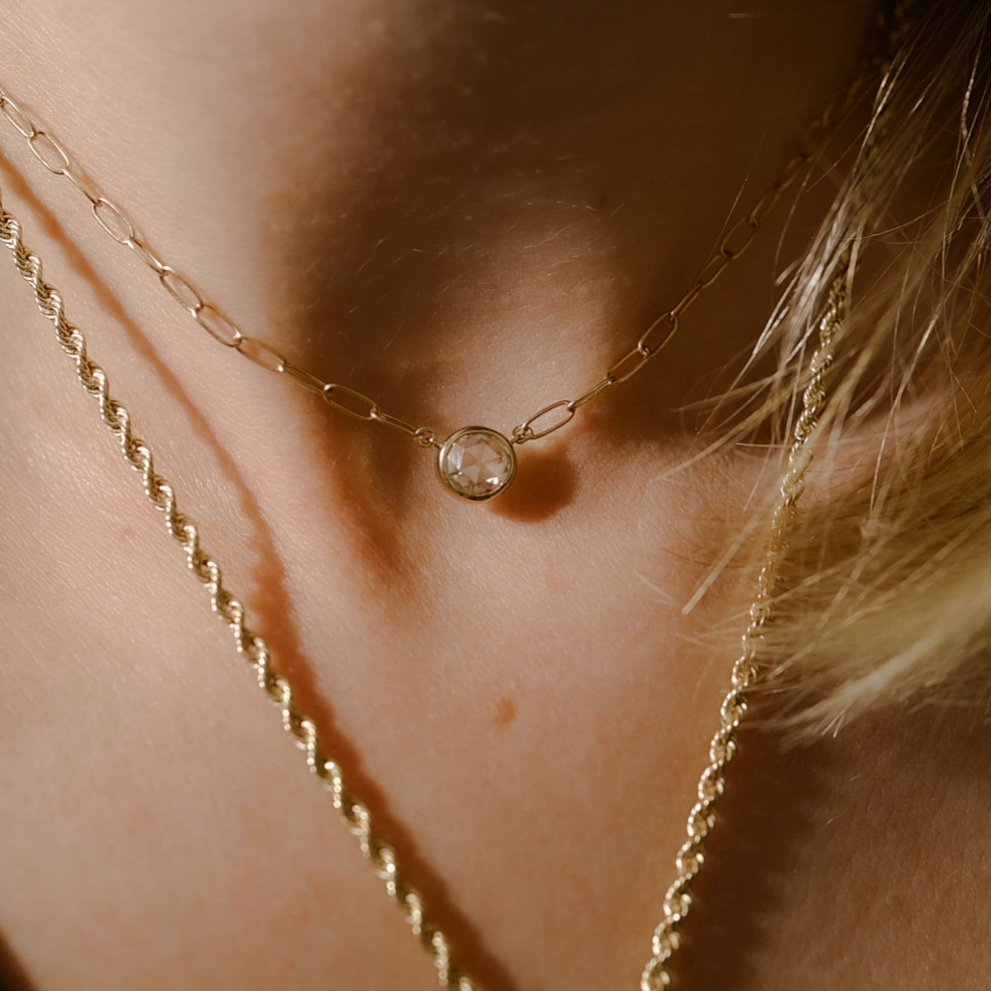 Rose Cut Moissanite Solitaire Necklace: Bezel Setting, Paper Clip Chain, Choker Length