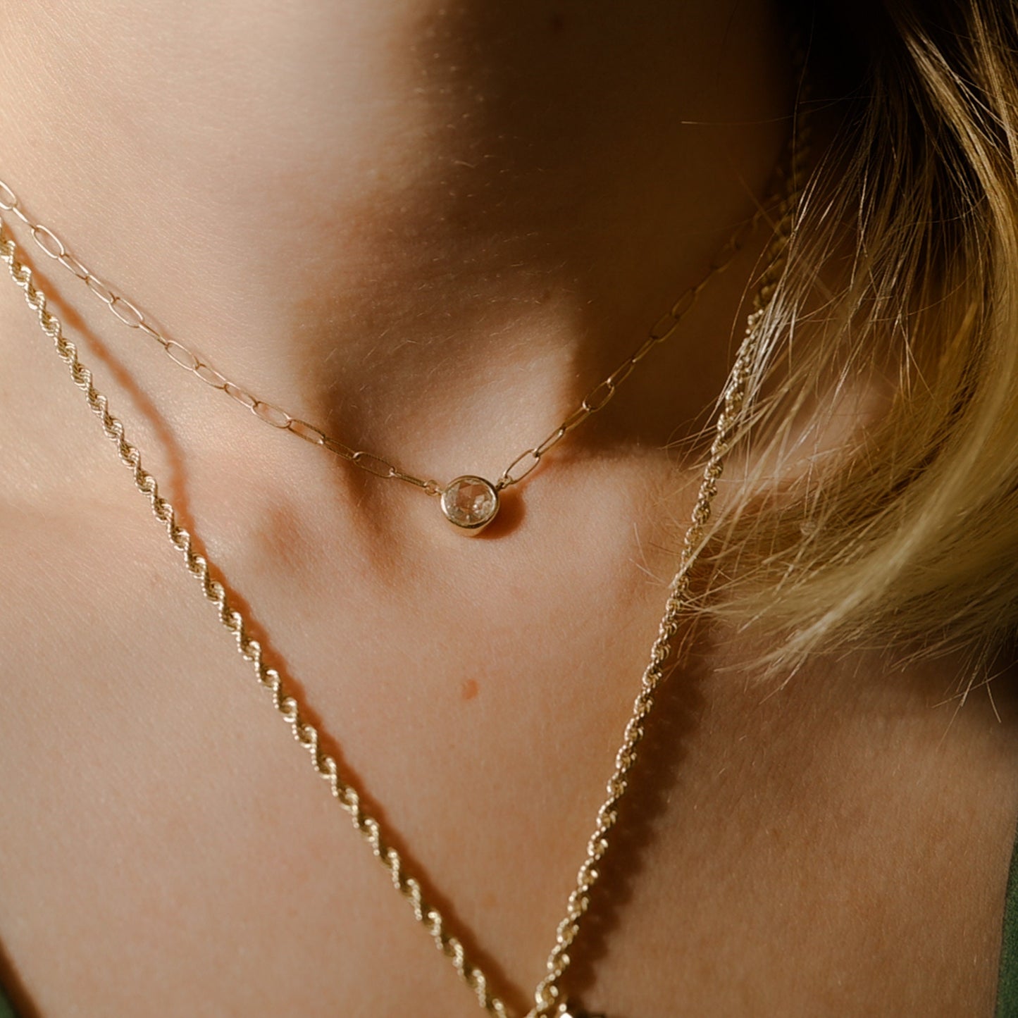 Rose Cut Moissanite Solitaire Necklace: Bezel Setting, Paper Clip Chain, Choker Length