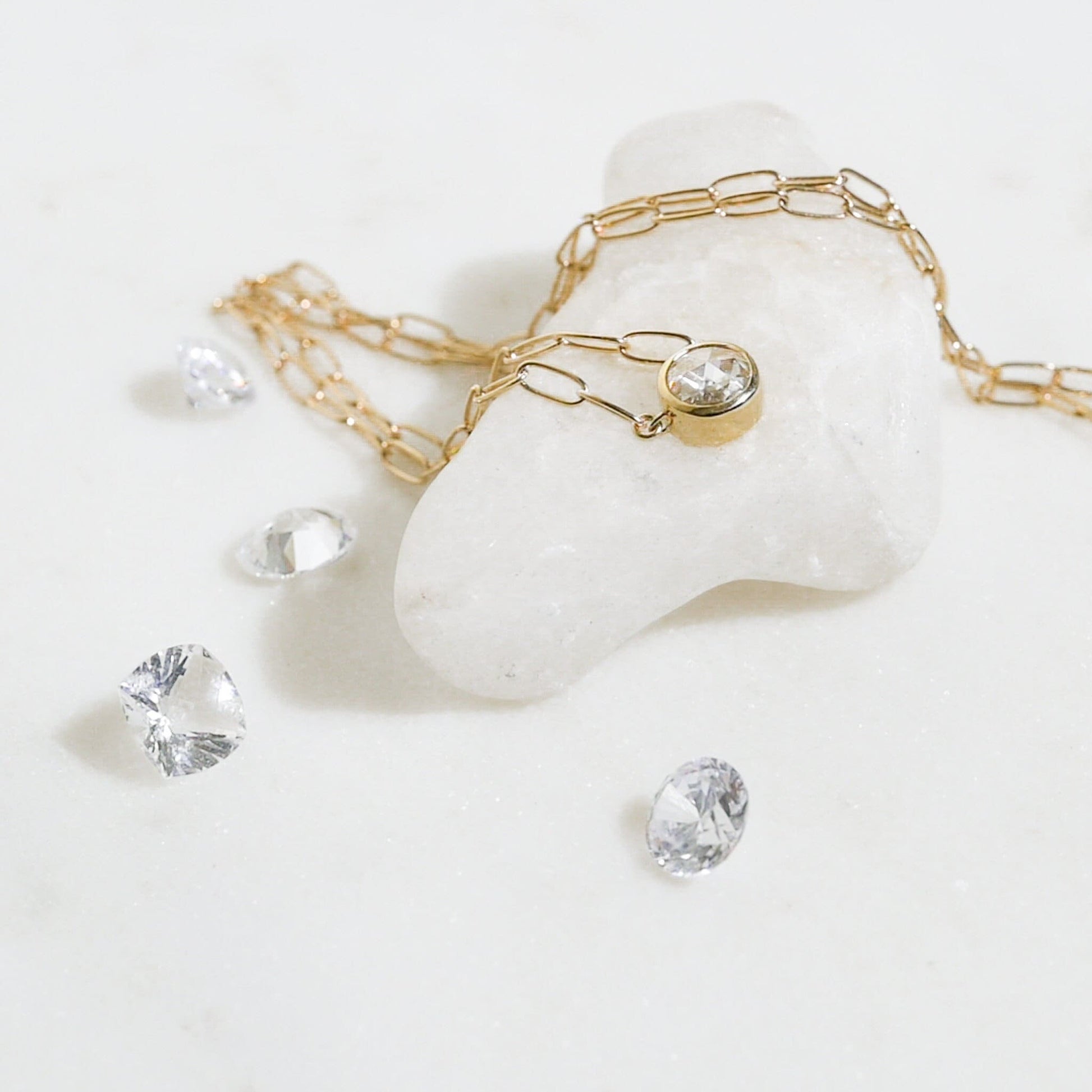 Rose Cut Moissanite Solitaire Necklace: Bezel Setting, Paper Clip Chain, Choker Length