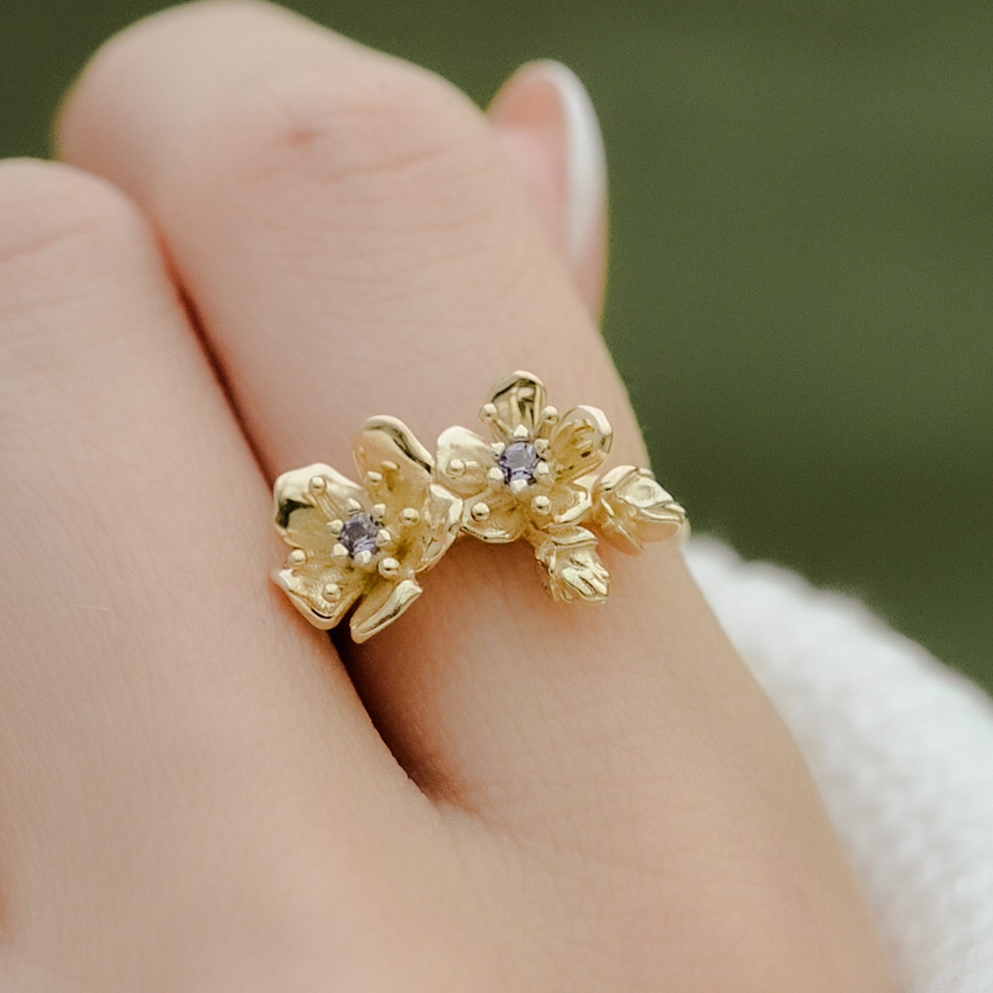 Cherry Blossom Ring in Solid 14k Gold with 2mm genuine blue sapphires Size 6