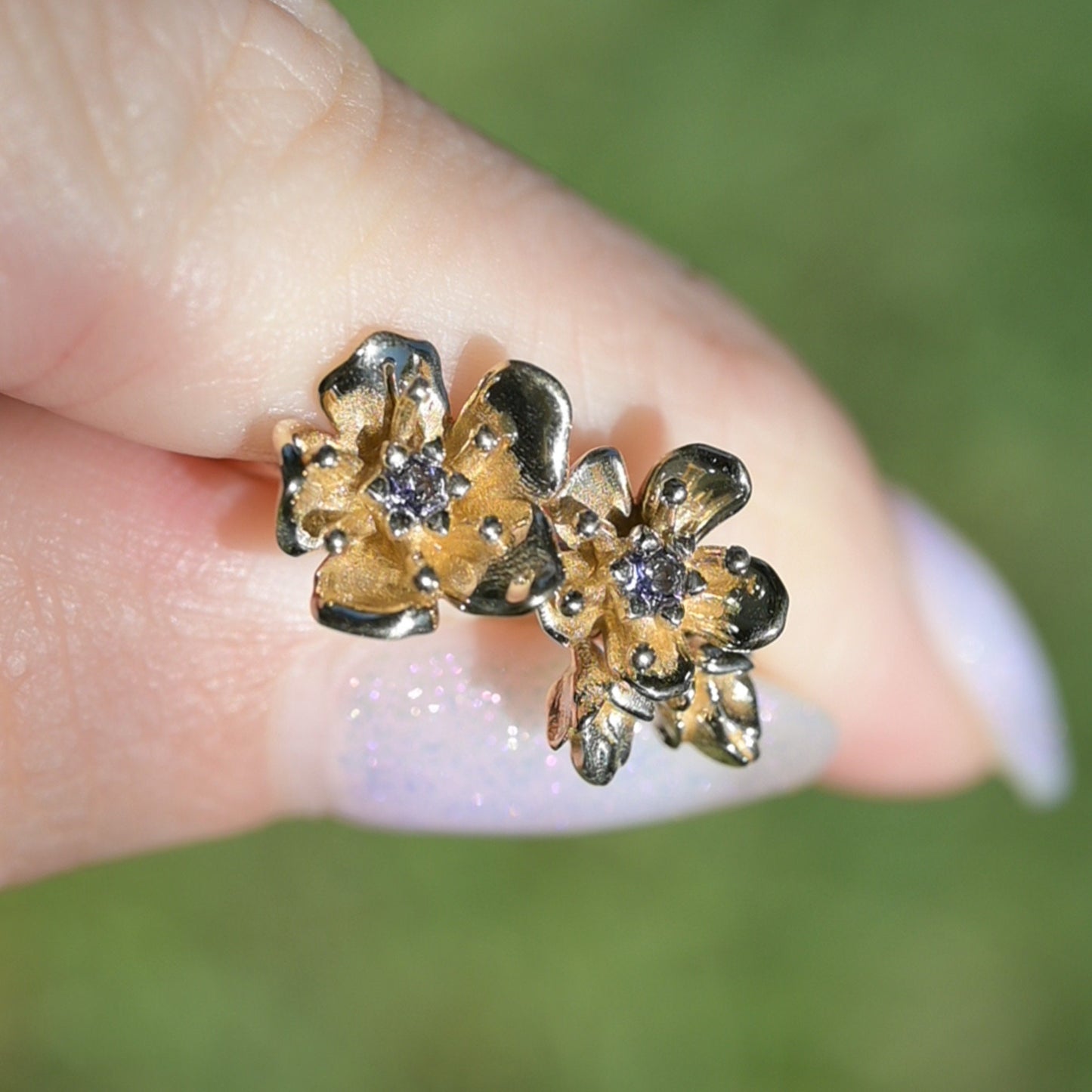 Cherry Blossom Ring in Solid 14k Gold with 2mm genuine blue sapphires Size 6