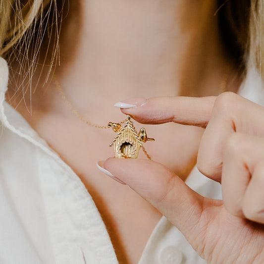 Birdhouse Pendant Necklace in Sterling Silver, Vermeil, of 14K Gold Plate