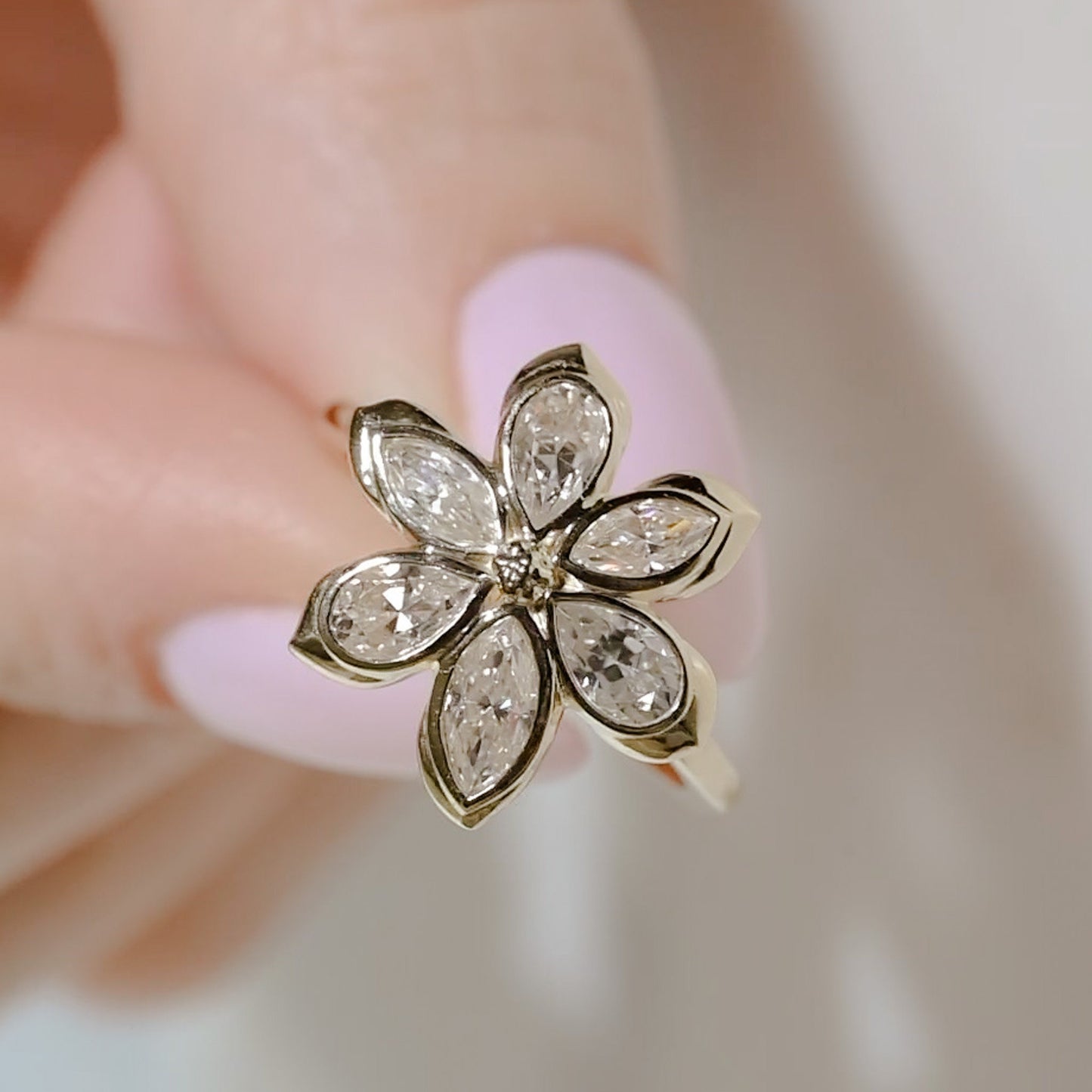 Diamond Daisy Flower Engagement Ring, 6 marquises and pear-shaped petals with solid gold, 1.3ct