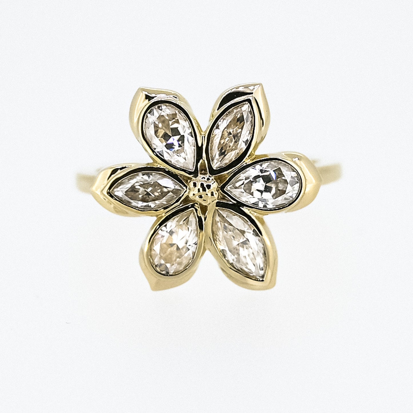 Diamond Daisy Flower Engagement Ring, 6 marquises and pear-shaped petals with solid gold, 1.3ct